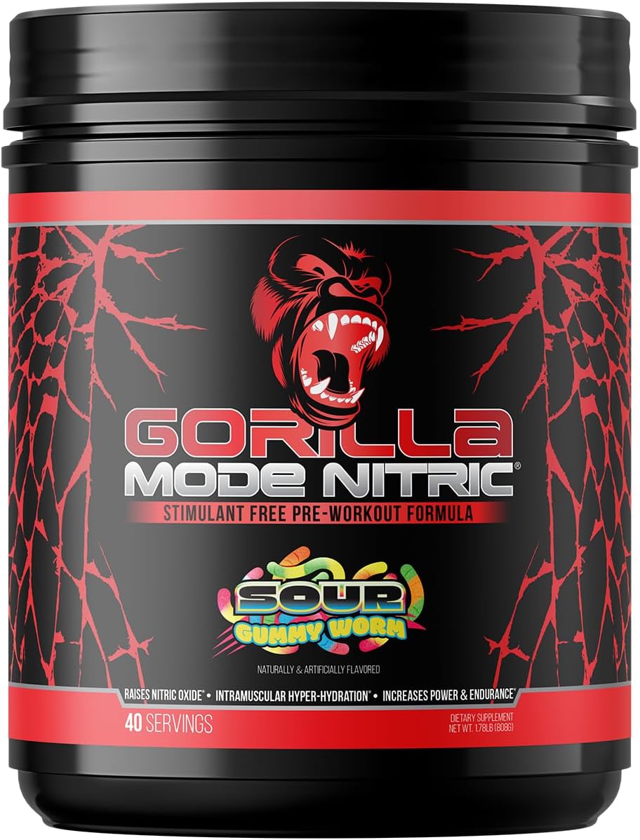 Gorilla Mode Nitric Upgraded Stimulant Free Pre-Workout – Best Tasting and Most Effective Stimulant Free Pre-Workout/Massive Pumps · Vasodilation · Power / 808 Grams (Sour Gummy Worms)