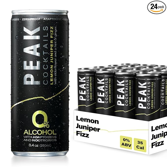 Peak Cocktails Non-Alcoholic Cocktail | Adaptogens, Nootropics, Superfoods for Recovery, Calm, Sleep | Ashwagandha, Tart Cherry, L-Theanine | Mixologist-crafted | Lemon Juniper Fizz | 8.4 oz, 24-Pack