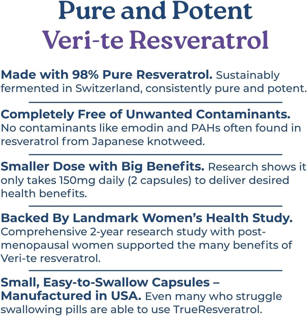 NatureCity TrueResveratrol – Resveratrol Supplement & Anti-Aging Support with 75mg Trans-Resveratrol (98% Pure Veri-te) for Heart, Immune, Bone & Cognitive Health | 60 Veggie Capsules