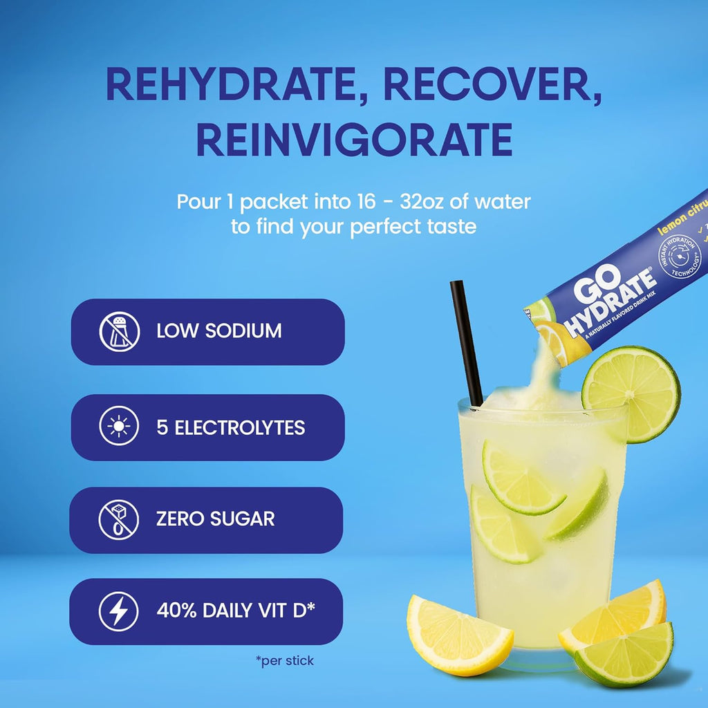 GoHydrate Low Sodium Electrolytes Powder Packets Sugar Free - Instant Hydration Daily Drink Mix - Zero Sugar Water Flavor Packet Singles with Vitamin D - (Lemonade, 30 Packs)