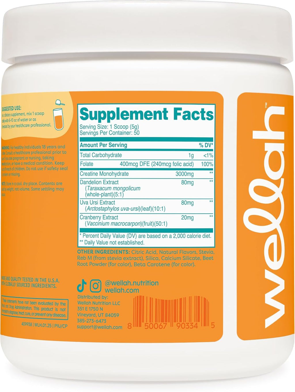 Wellah Creatine for Women - Creatine Monohydrate with Dandelion & Cranberry Extract (50 Servings, Clementine Peach)