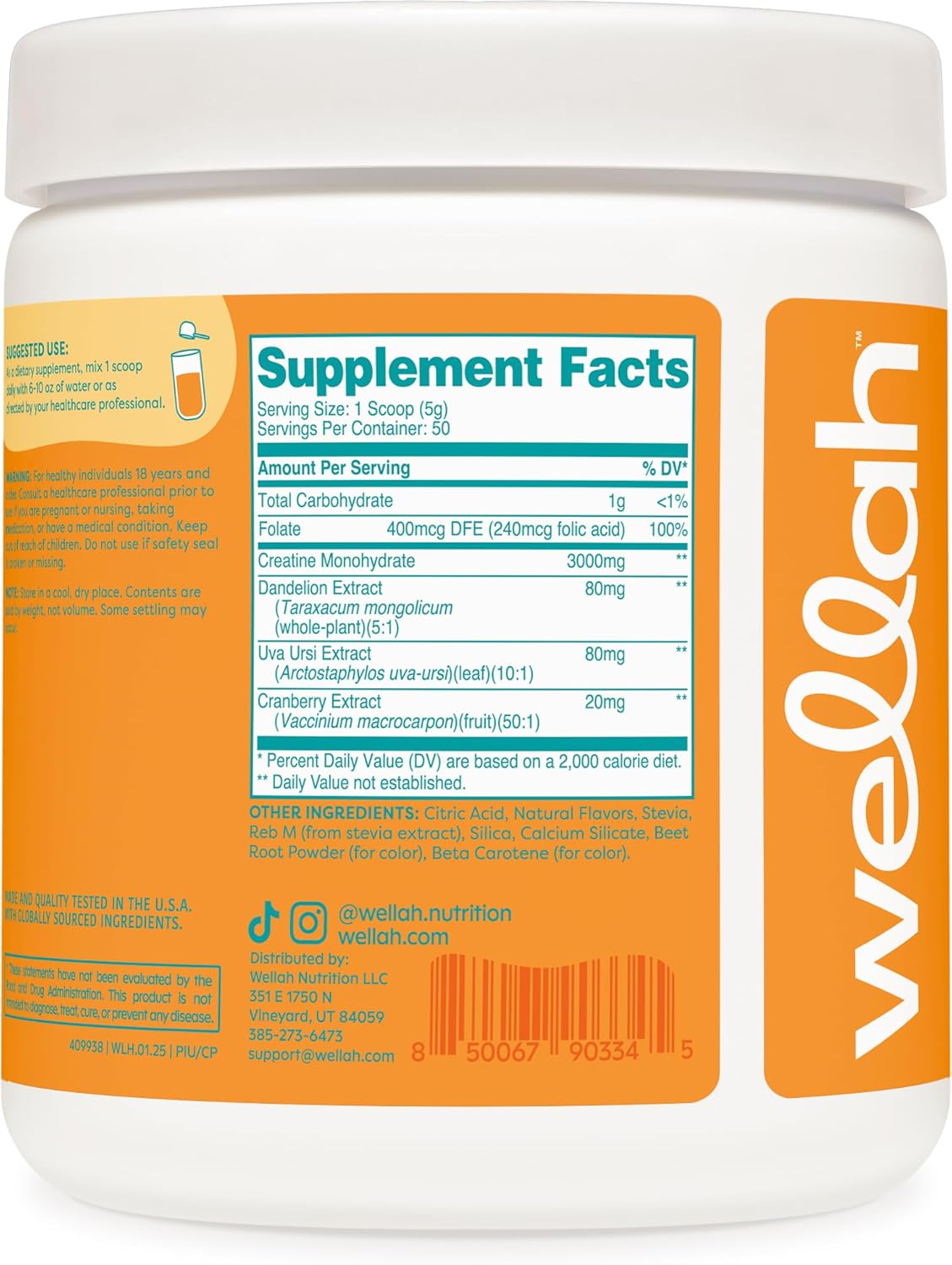 Wellah Creatine for Women - Creatine Monohydrate with Dandelion & Cranberry Extract (50 Servings, Clementine Peach)