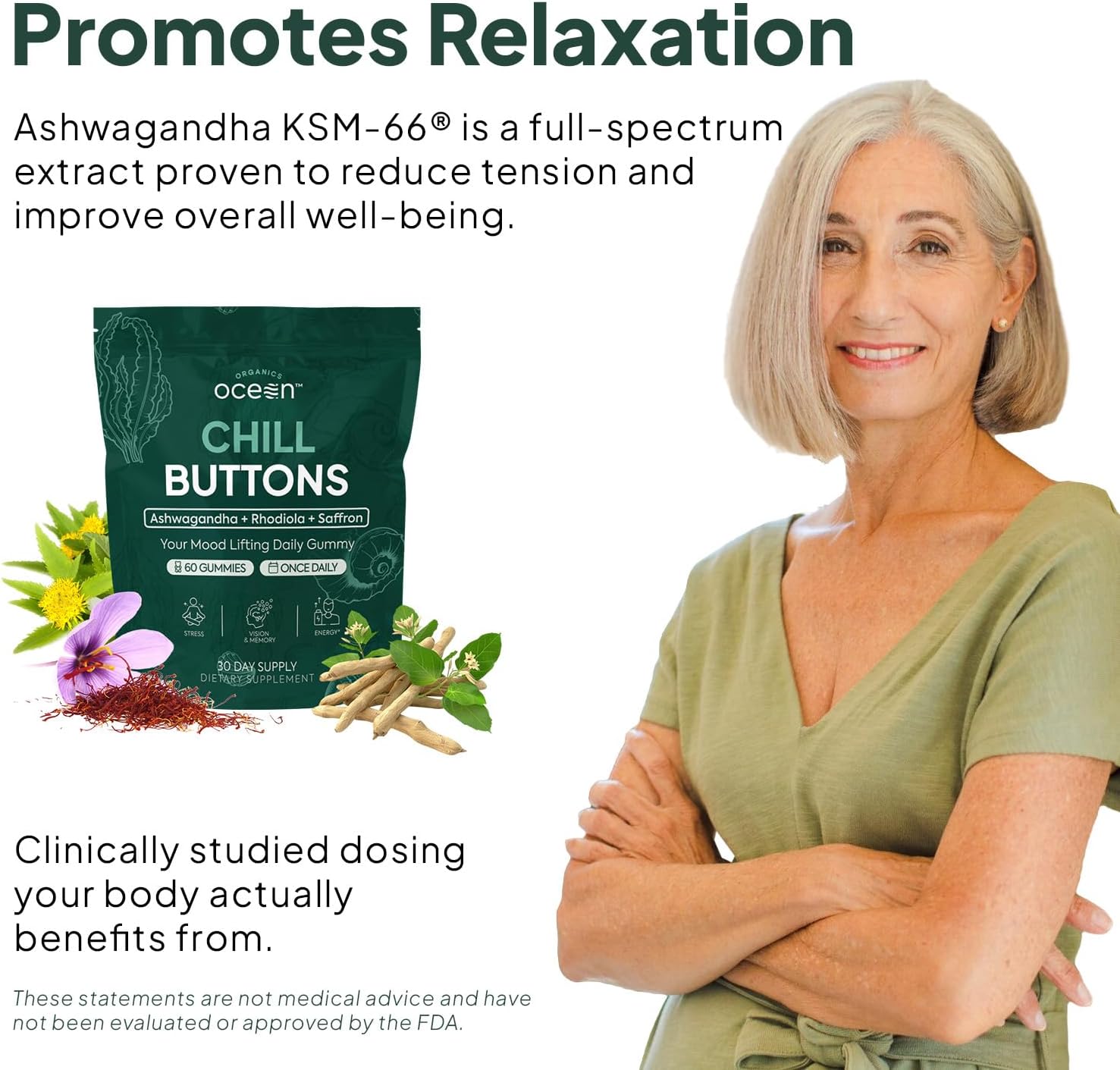 Organics Ocean Chill Buttons - Organic Ashwagandha Reduces Tension, Enhances Memory and Vision, and Brightens Mood - Contains Ashwagandha KSM-66, Rhodiola Rosea, and Organic Saffron