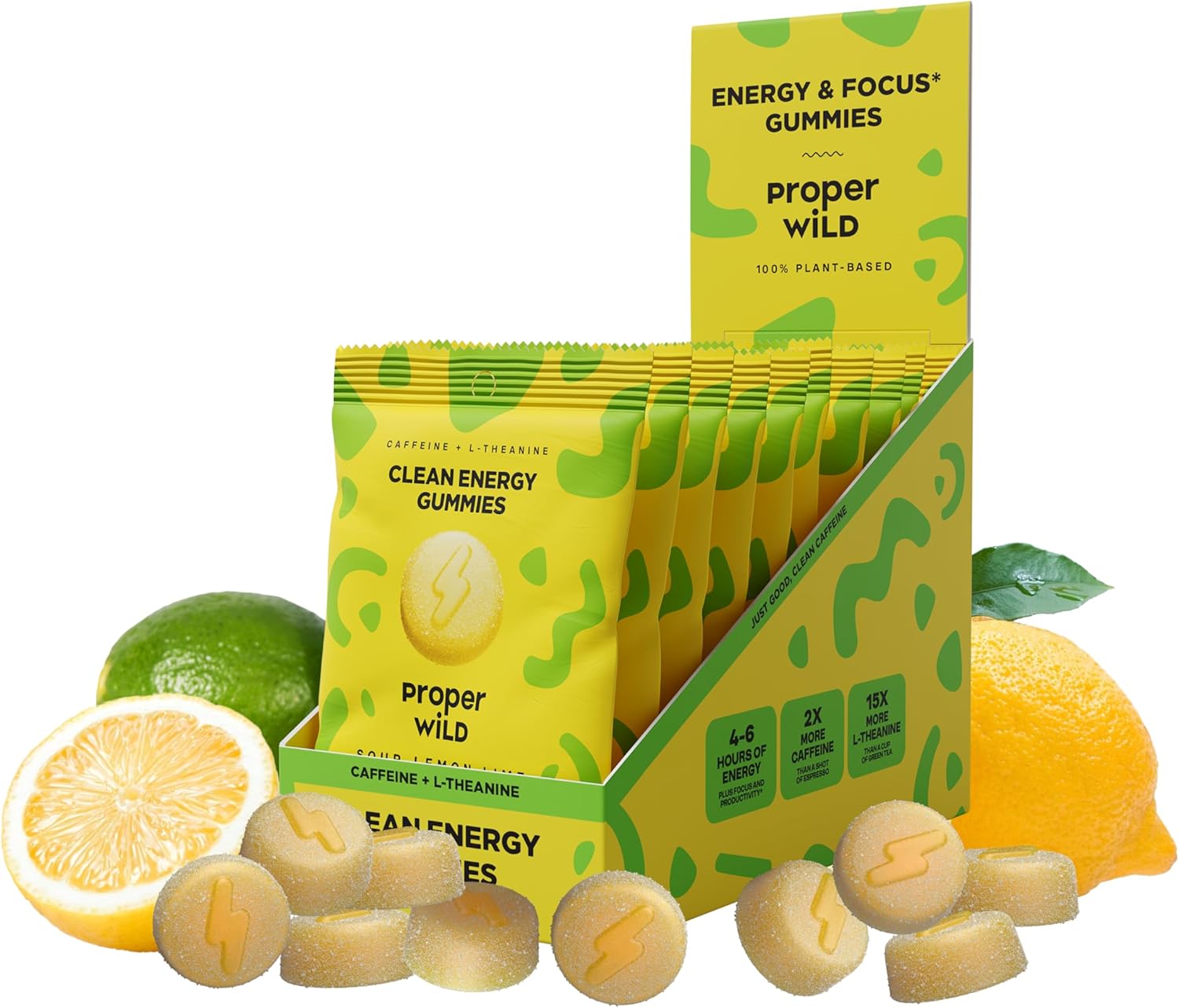 Proper Wild Vegan Energy Gummies with L-Theanine & Organic Caffeine, Clean Energy & Focus, Plant-Based, Gluten-Free, Non-GMO, Dairy-Free, Stevia-Free, Soy-Free, Sour Lemon Lime (10-Pack)