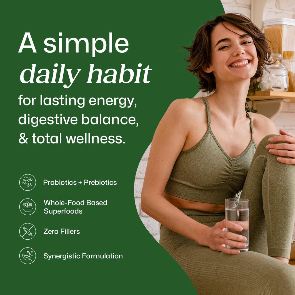 ColonBroom Superfood Greens Powder Supplement | Super Greens Juice Powder with Probiotics, Prebiotics, Spirulina & Chlorella | Natural for Energy, Immunity, Digestion & Detox Support | 28 Servings