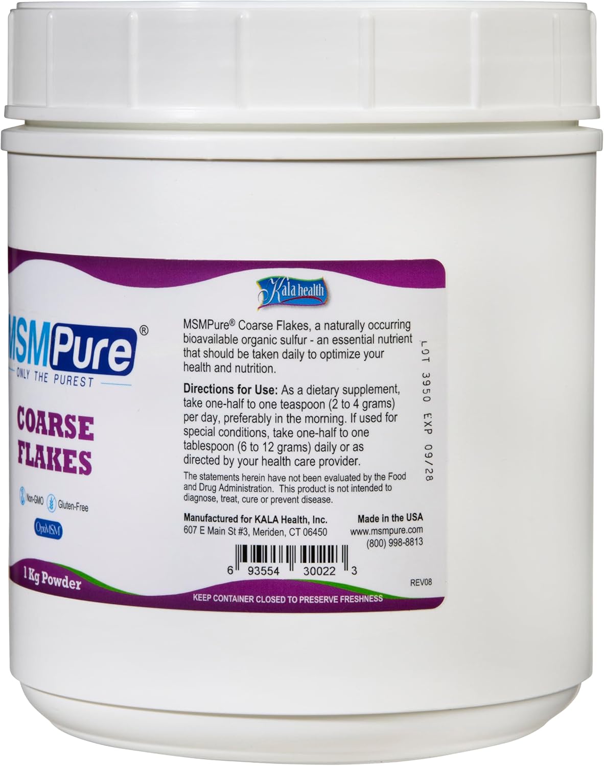 KALA HEALTH MSMPure Coarse MSM Powder Flakes – US-Made MSM for Joint Health, Skin Appearance, and Hair & Nail Support – 2.2 lb, Organic Sulfur
