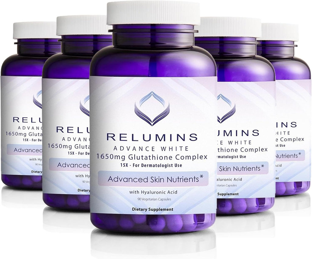 Relumins 1650mg L-Glutathione Complex with Hyaluronic Acid, Alpha Lipoic Acid, Rose HIPS, Vitamin E & Riboflavin – Antioxidant Support, Skin Hydration & Wellness – 90 Veggie Capsules x 5 Bottles