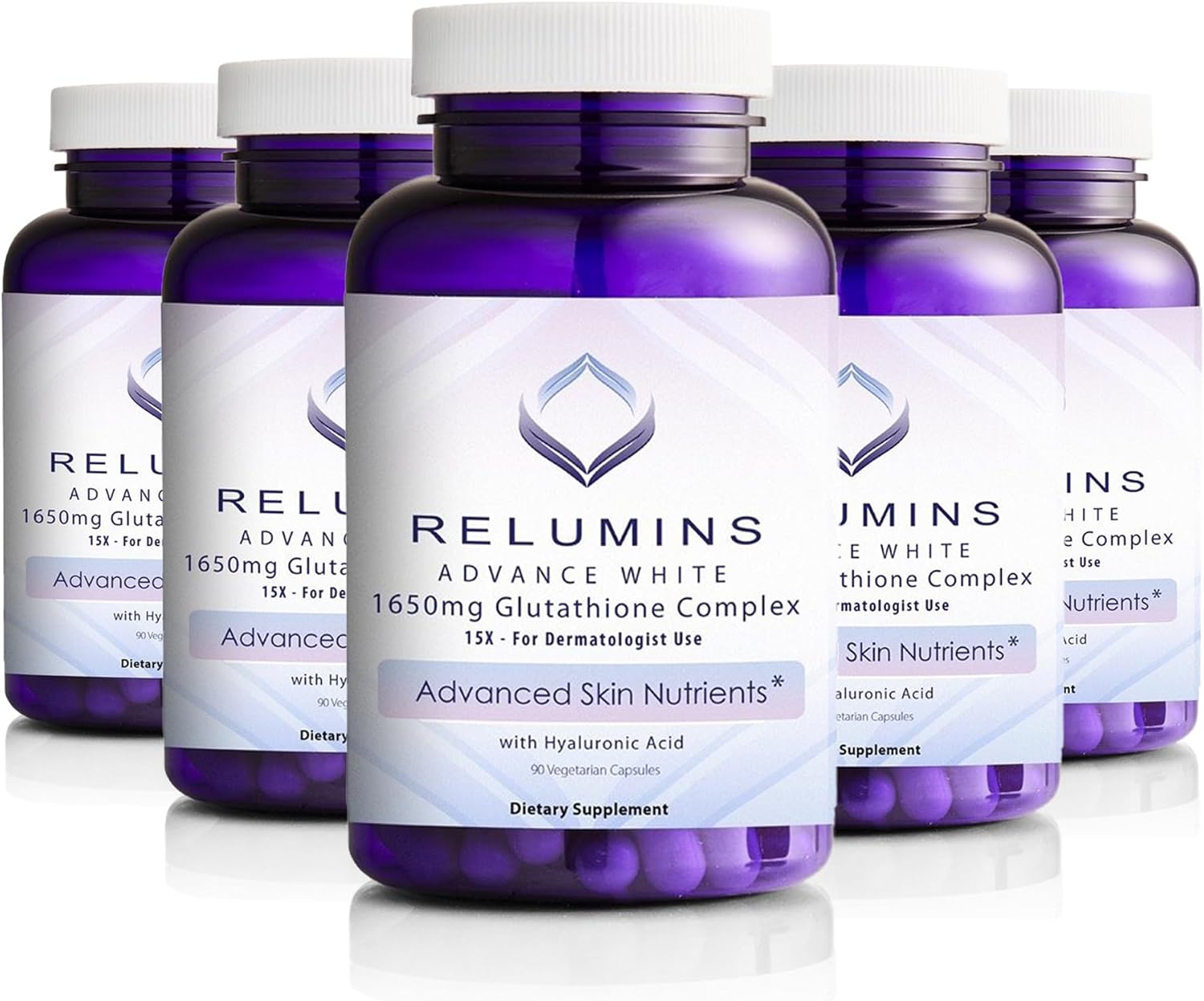 Relumins 1650mg L-Glutathione Complex with Hyaluronic Acid, Alpha Lipoic Acid, Rose HIPS, Vitamin E & Riboflavin – Antioxidant Support, Skin Hydration & Wellness – 90 Veggie Capsules x 5 Bottles