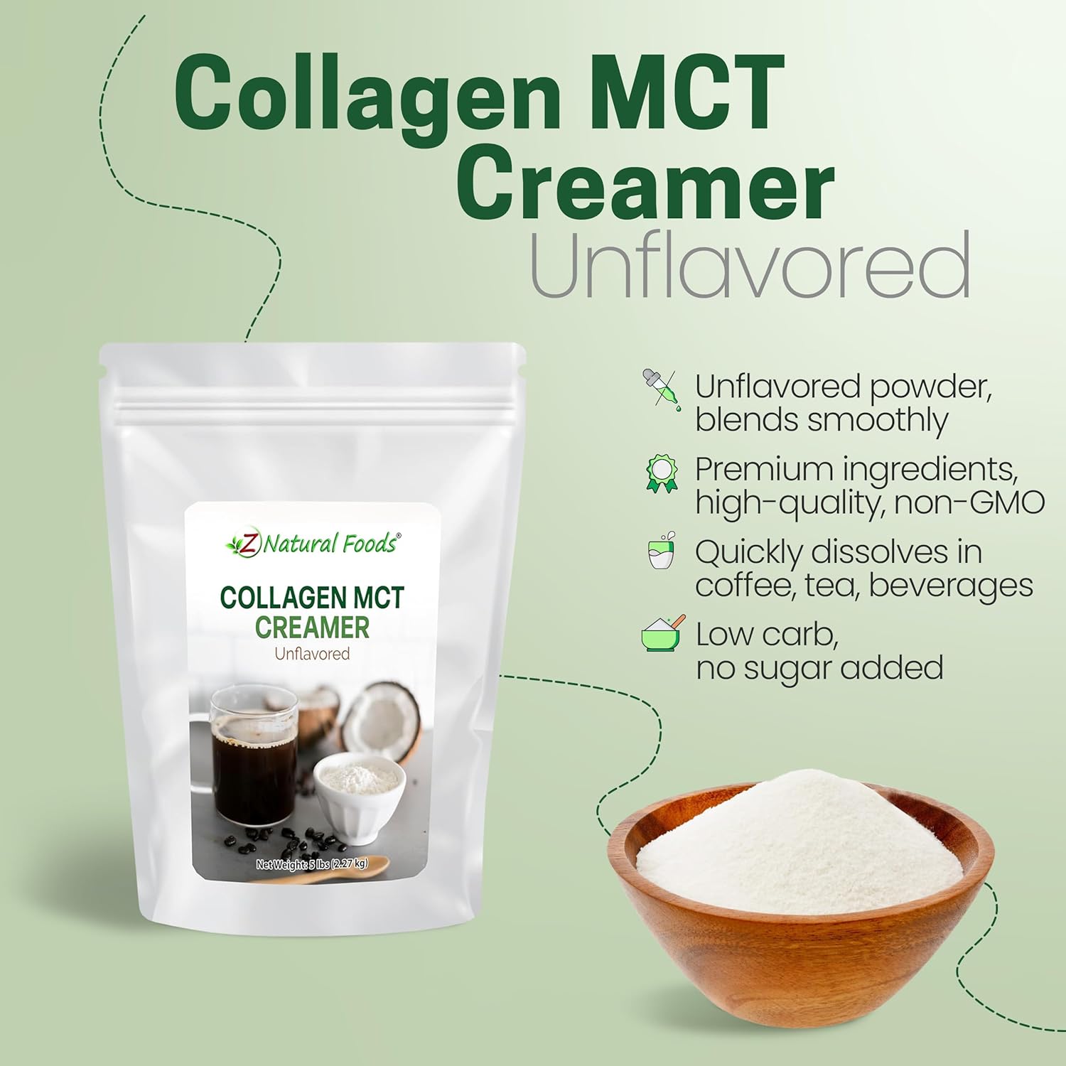 Z Natural Foods Collagen MCT Oil Creamer - Pure MCT Creamer Powder with Collagen Peptides - Collagen Creamer for Coffee, Tea & Culinary Use - Healthy Creamer, Keto & Paleo Friendly, Unflavored, 5 lb