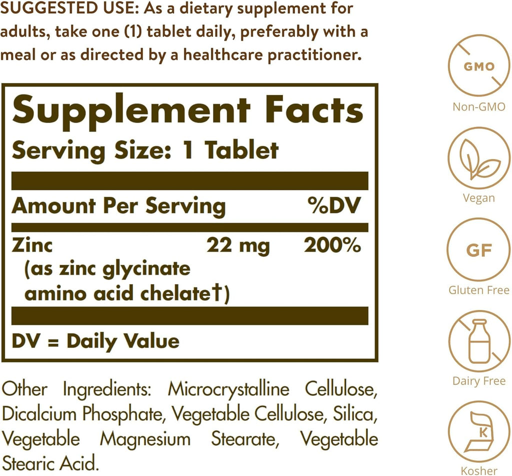Solgar Chelated Zinc, 100 Tablets - Zinc for Healthy Skin - Supports Cell Growth & DNA Formation - Exerts Antioxidant Activity - Supports A Healthy Immune System - Non GMO, Gluten Free - 100 Servings