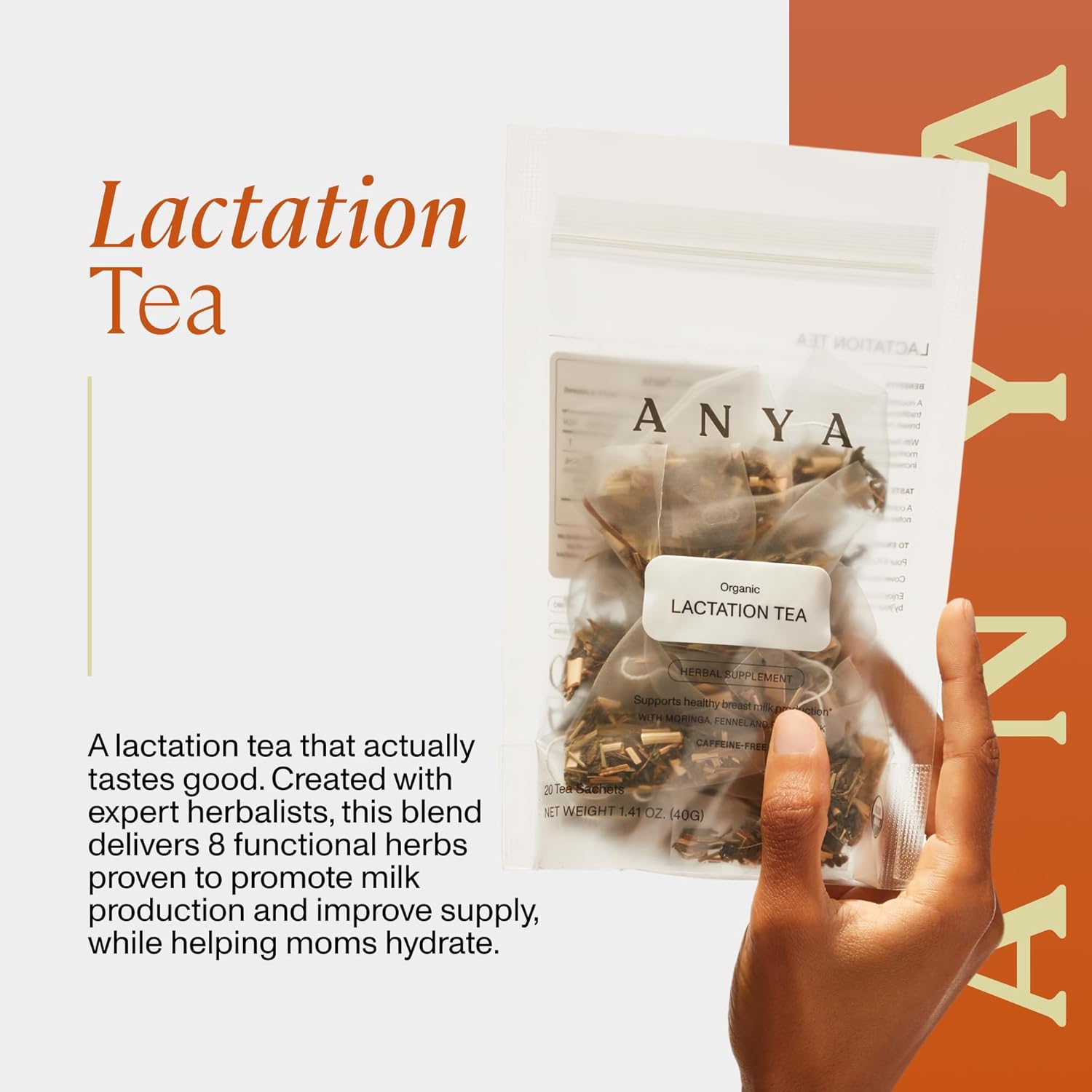 ANYA Herbal Lactation tea, 20 bags - Ginger, Moringa, Fenugreek, Toxicologist-approved, Breastfeeding Safe. Organic Essentials hydration for postpartum Moms, Breastmilk production Nursing support Baby Shower Gifts