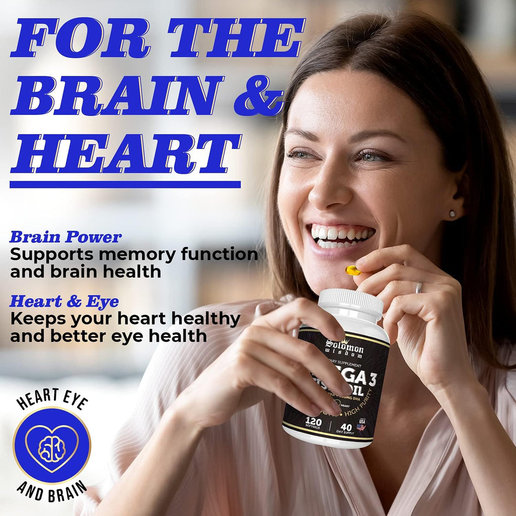 SOLOMON WISDOM Omega 3 Fish Oil - Dietary Supplement for Healthy Heart & Brain - 120 Soft Gel Capsules with High EPA 1200mg & DHA 900mg - Burpless, Odorless with Natural Lemon Flavor