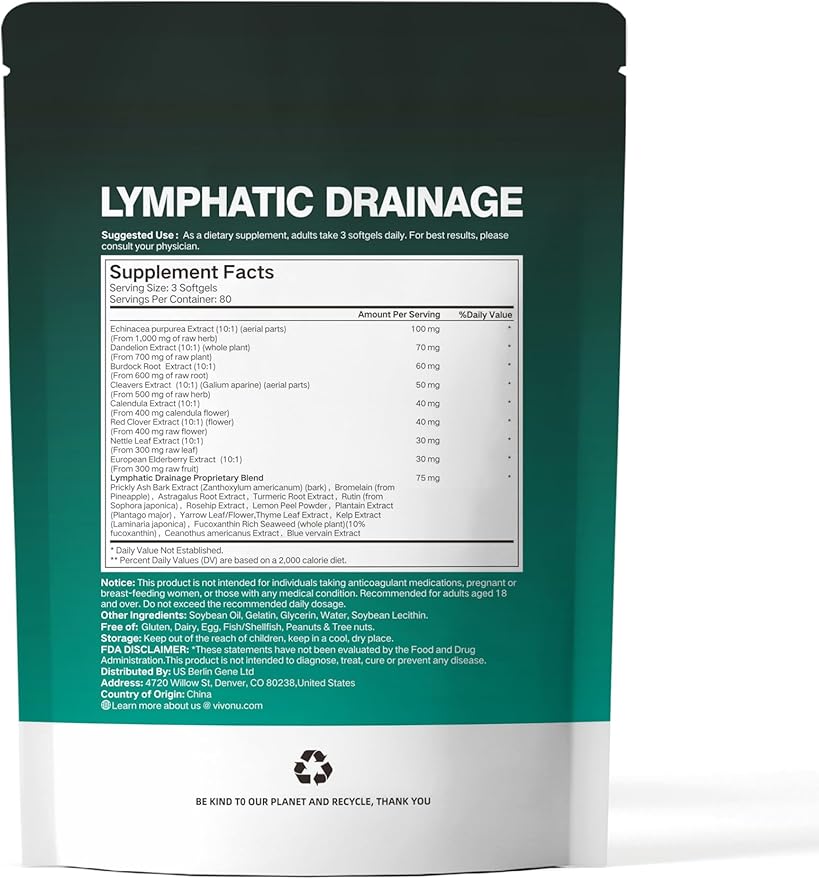 Lymphatic Drainage Supplement, 240 Softgels, 4275mg Lymph System Support Supplement for Women & Men, 21-in-1 Herbal Blend with Echinacea, Dandelion, Burdock, Bromelain, Calendula, Turmeric & More 2Bag