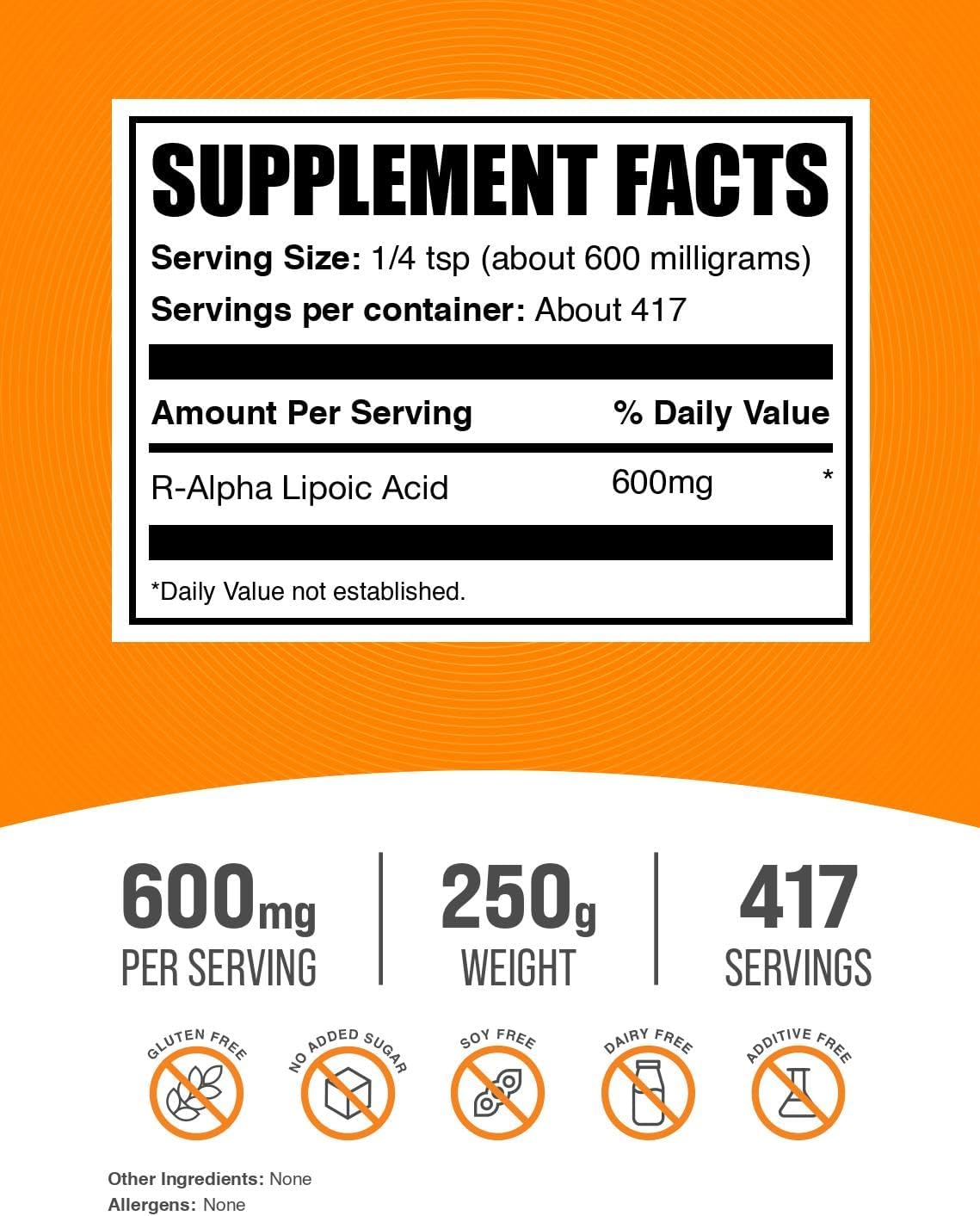 BulkSupplements.com R-Alpha Lipoic Acid Powder - R-ALA Supplement, R Alpha Lipoic Acid 200mg - Antioxidants Supplement, Gluten Free, 200mg per Serving, 250g (8.8 oz) (Pack of 1)