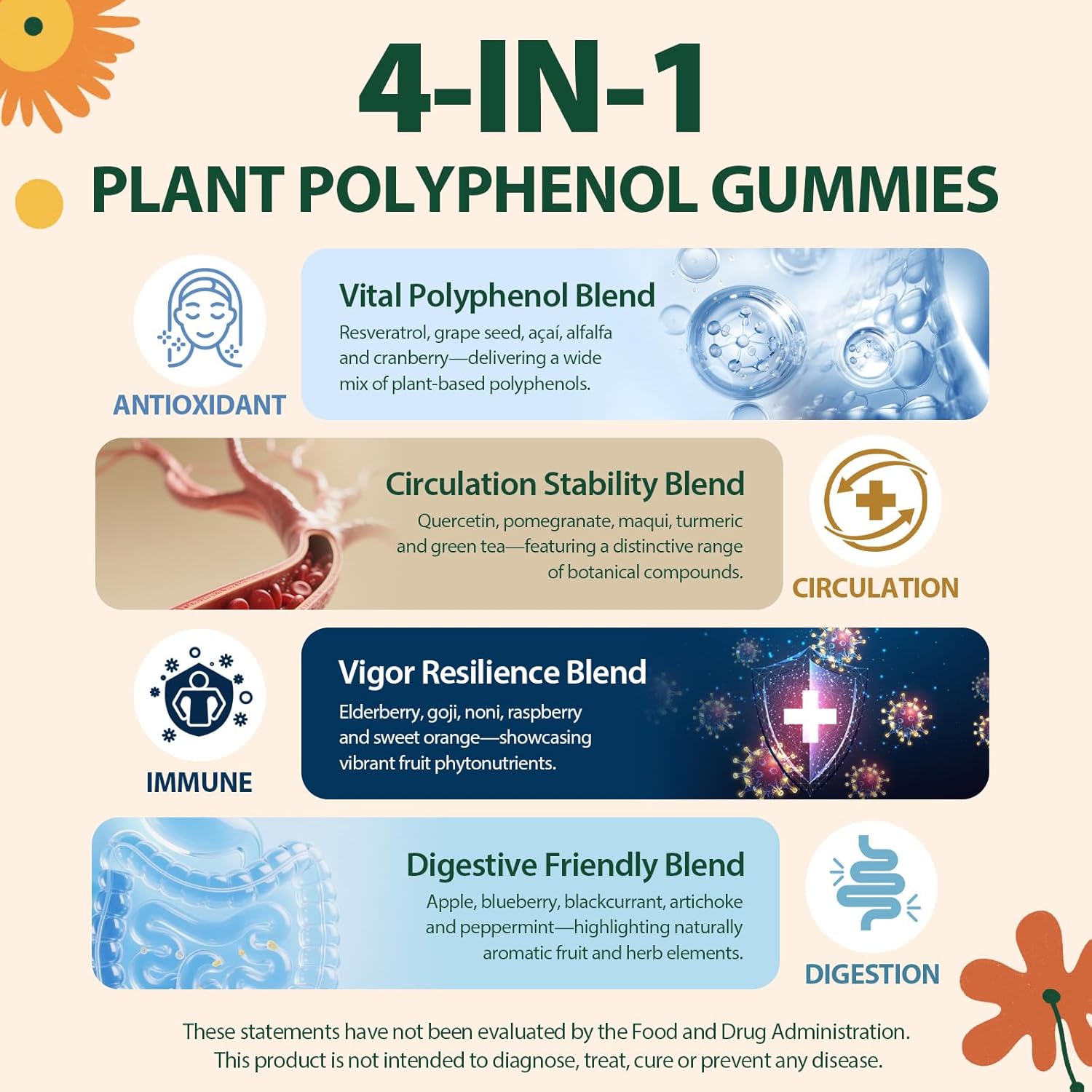 Polyphenol Gummies, Plant-Based Formula with Resveratrol, Elderberry, Grape, Turmeric,Green Tea, Cranberry Extract, Vitamins & Minerals, Superfood Blend, Mixed Berry Flavor, 60 Gummies