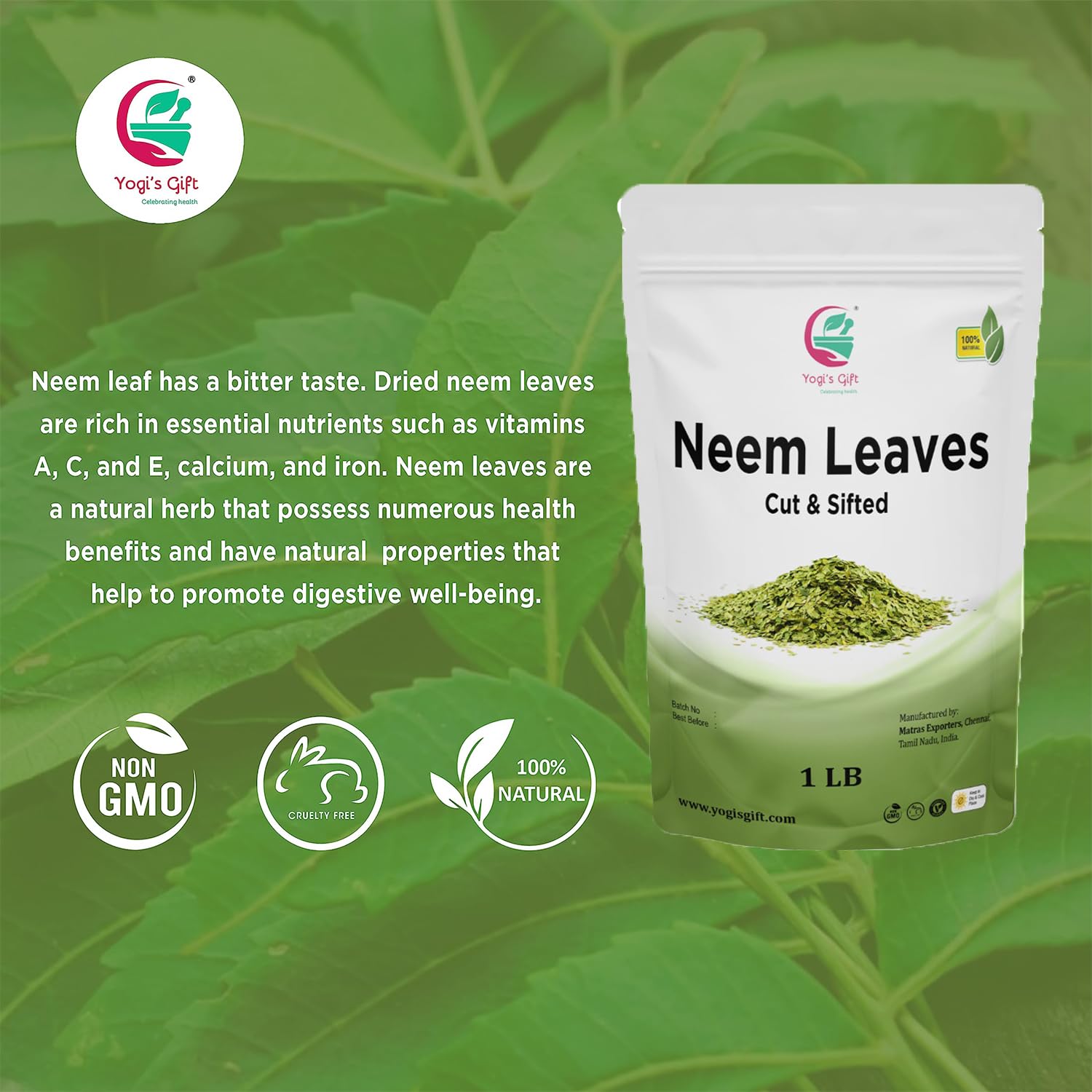 Neem Leaf 1 lb (454 grams) | 100% Natural Tea | Neem Leaves Cut and Sifted | Azadirachta Indica Leaf | Margosa Leaves | Non-GMO, Ethically Sourced | Nim Leaves | by Yogi's Gift®