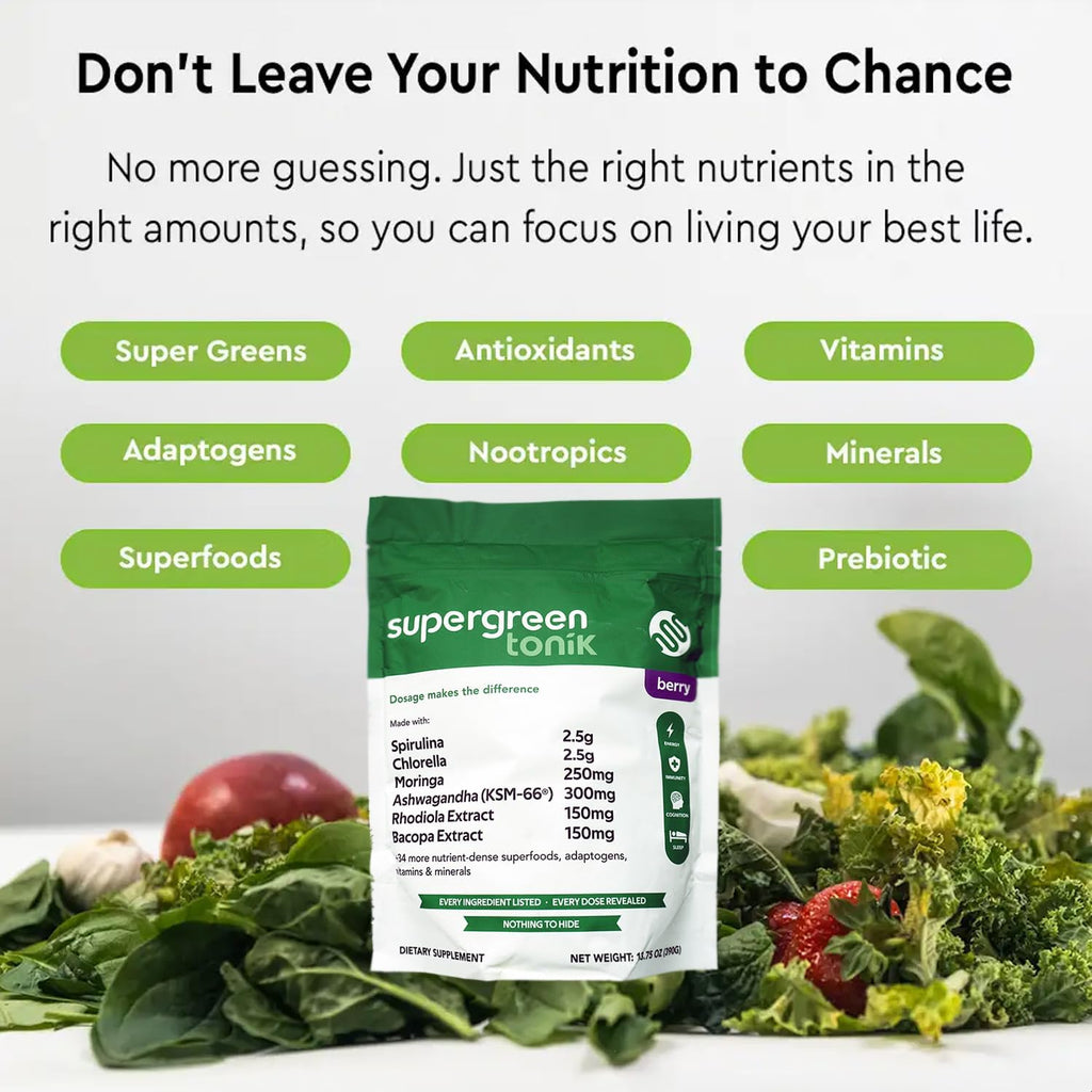 100% Natural Greens Superfood Powder – Daily Supplement with 40 Superfoods, Vitamins and Minerals – Supports Energy, Stress and Immunity – 30 Days 360 Grams Berry Flavor (1 Bag)