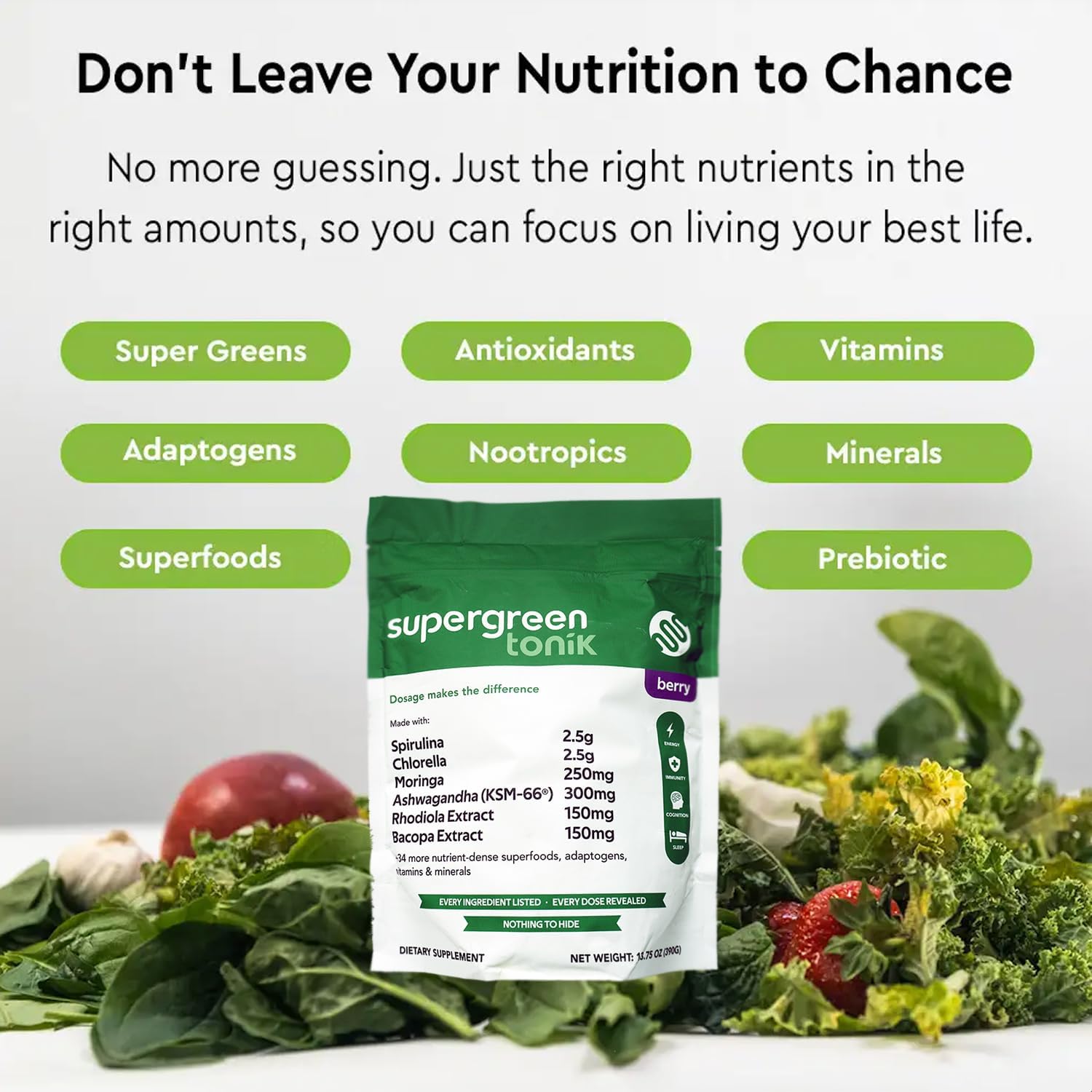 100% Natural Greens Superfood Powder – Daily Supplement with 40 Superfoods, Vitamins and Minerals – Supports Energy, Stress and Immunity – 30 Days 360 Grams Berry Flavor (1 Bag)
