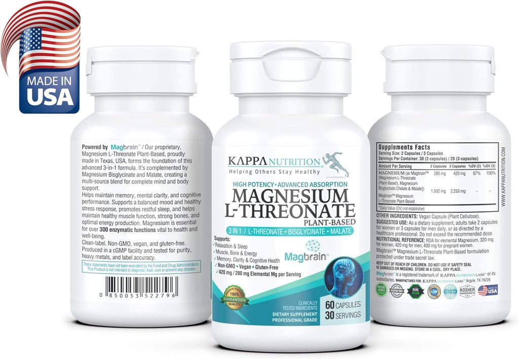 Kappa Nutrition Magbrain™ Magnesium L-Threonate Plant-Based, 420mg Elemental Magnesium (3 Capsules) from 2,253mg, 60 Vegan Capsules, Brain, Sleep & Muscle Support.