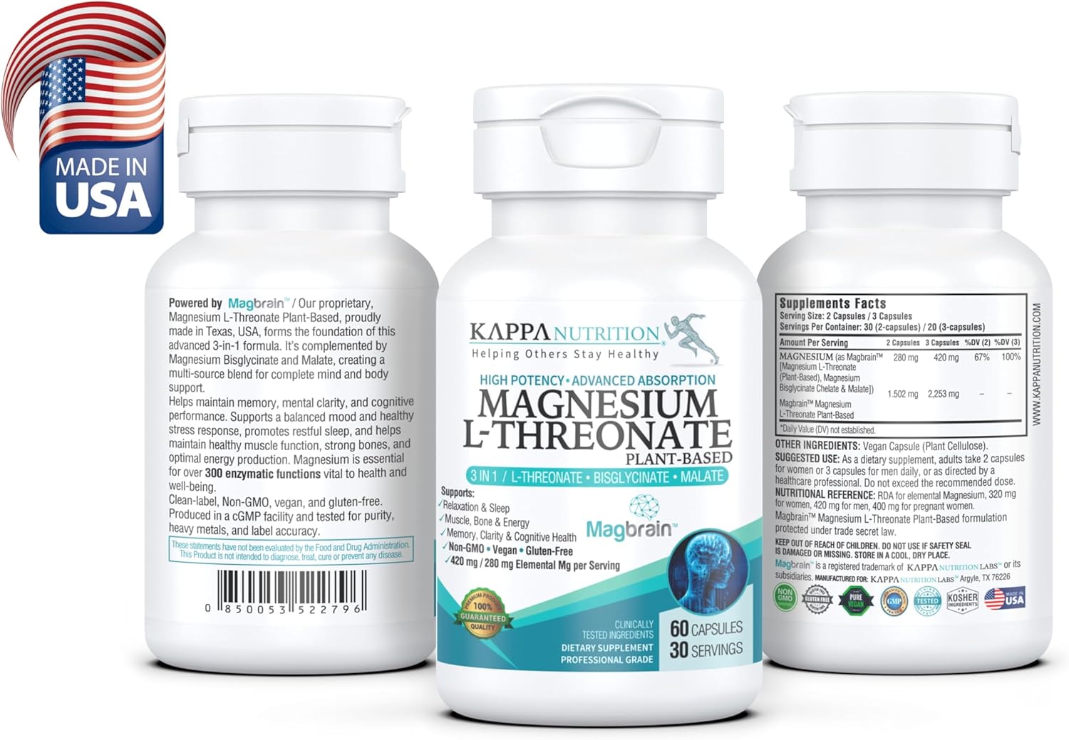 Kappa Nutrition Magbrain™ Magnesium L-Threonate Plant-Based, 420mg Elemental Magnesium (3 Capsules) from 2,253mg, 60 Vegan Capsules, Brain, Sleep & Muscle Support.