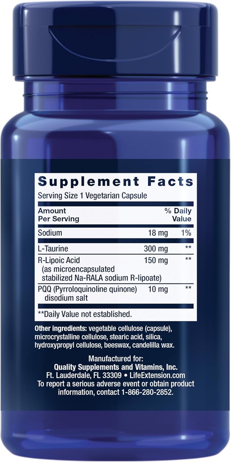 Life Extension Mitochondrial Basics with PQQ, L-Taurine, R-lipoic Acid, foundational Supplement for Cellular Energy Production, Brain and Heart Health, Gluten-Free, Non-GMO, Vegetarian, 30 Capsules