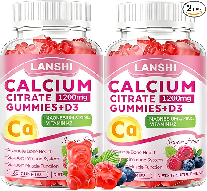 Calcium Citrate Gummies 1200mg with Vitamin D3 & K2 Supplements for Women & Men, High Absorption Calcium Gummies Plus Magnesium, Zinc for Strong Bones & Immune Support Mixed Berry Flavor, 2 Pack