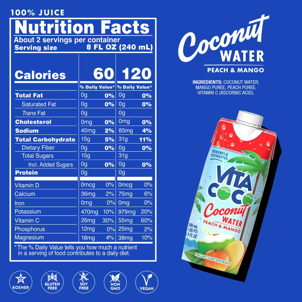 Vita Coco Coconut Water, Peach & Mango - Naturally Hydrating Electrolyte Drink - Smart Alternative to Coffee, Soda, and Sports Drinks - Gluten Free - 16.9 Fl Oz (Pack of 12)