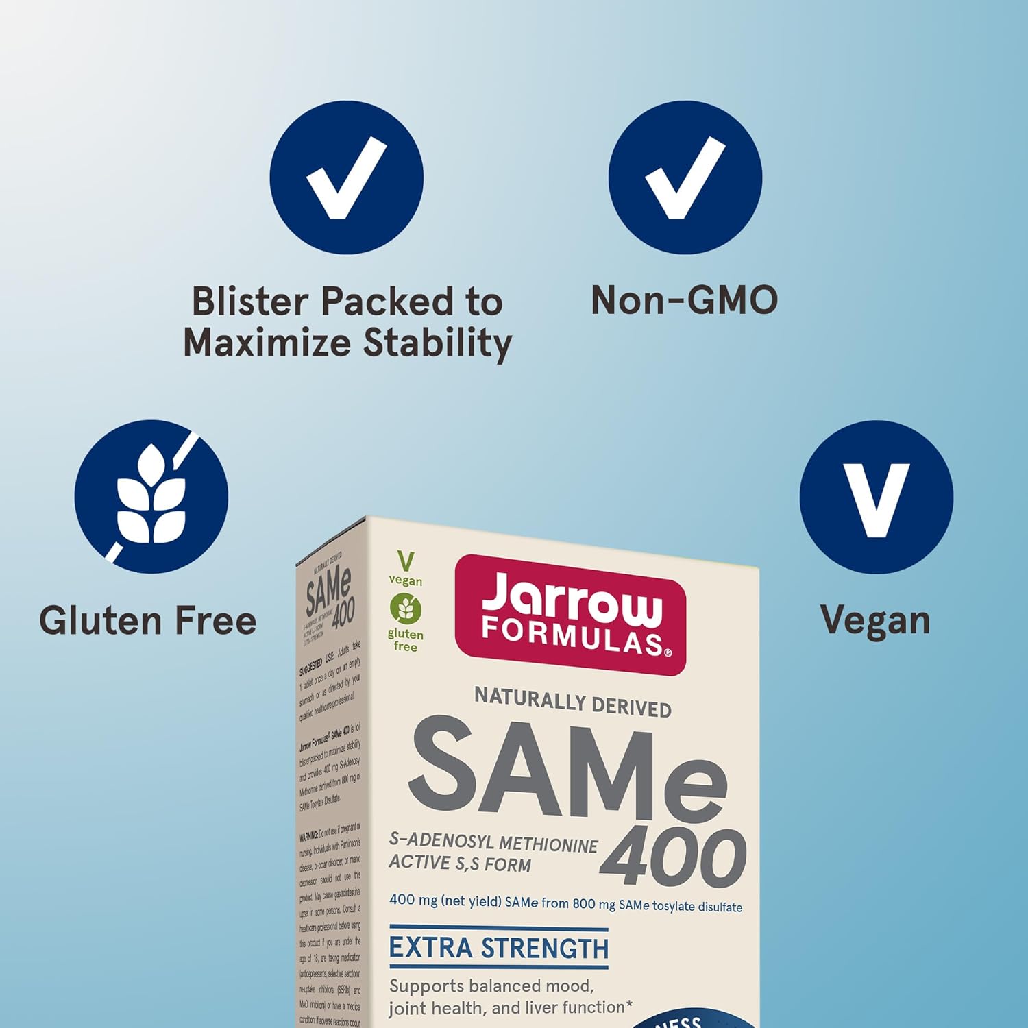 Jarrow Formulas® SAMe 400 mg, Supports Joint Health, Liver Function, Brain Metabolism, 30 Tablets, Up To a 30 Day Supply