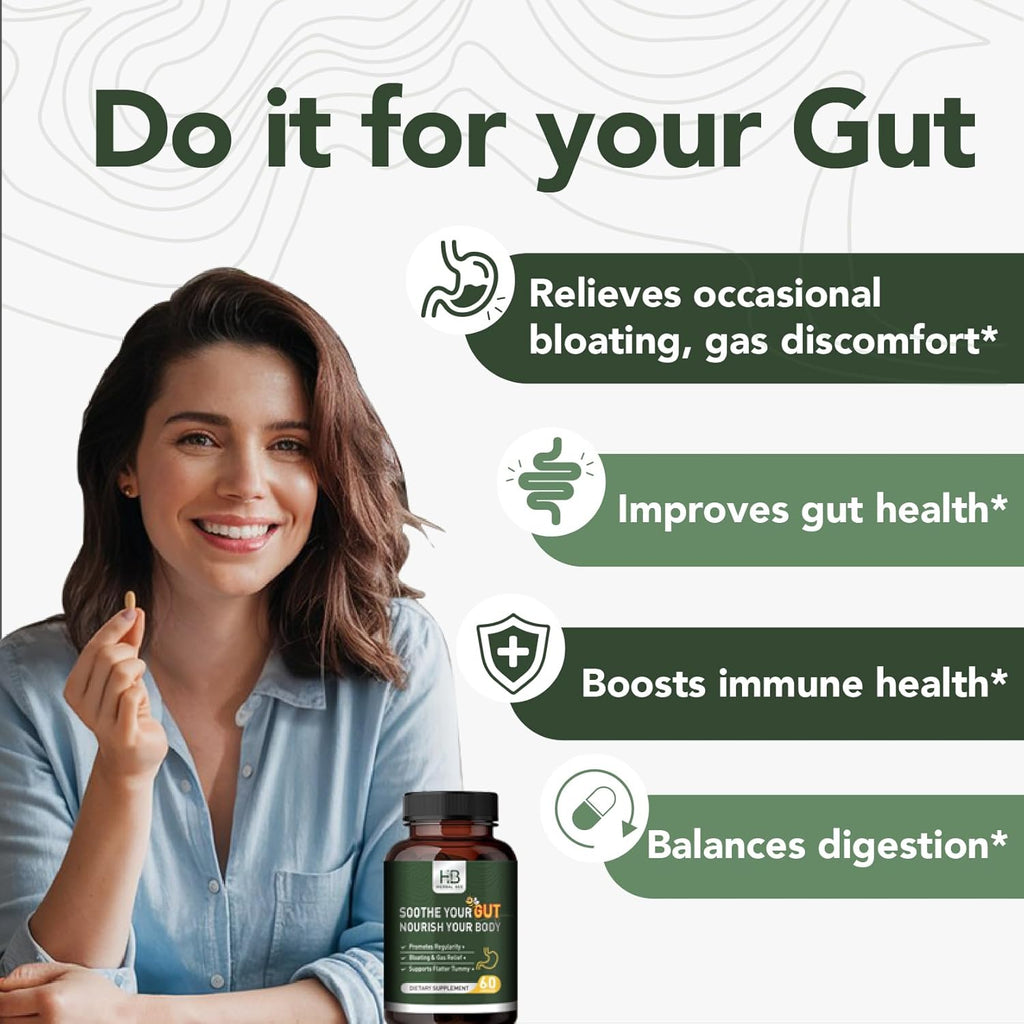 Herbal BEE Gut Health - Gas and Bloating Relief, Constipation, Leaky Gut Repair - Gut Cleanse & Restore Digestion - Promote Regularity, Colon Cleanser, 60 Capsules