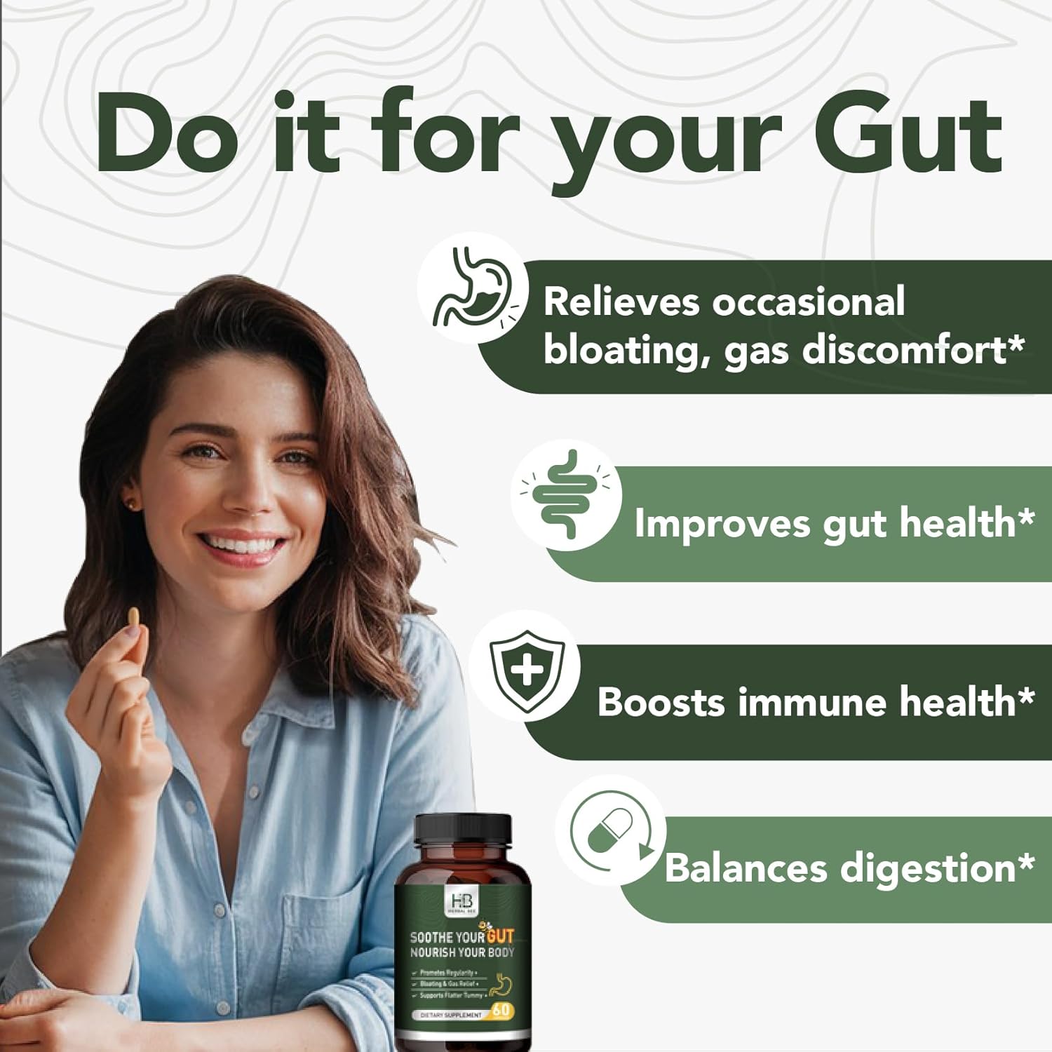 Herbal BEE Gut Health - Gas and Bloating Relief, Constipation, Leaky Gut Repair - Gut Cleanse & Restore Digestion - Promote Regularity, Colon Cleanser, 60 Capsules