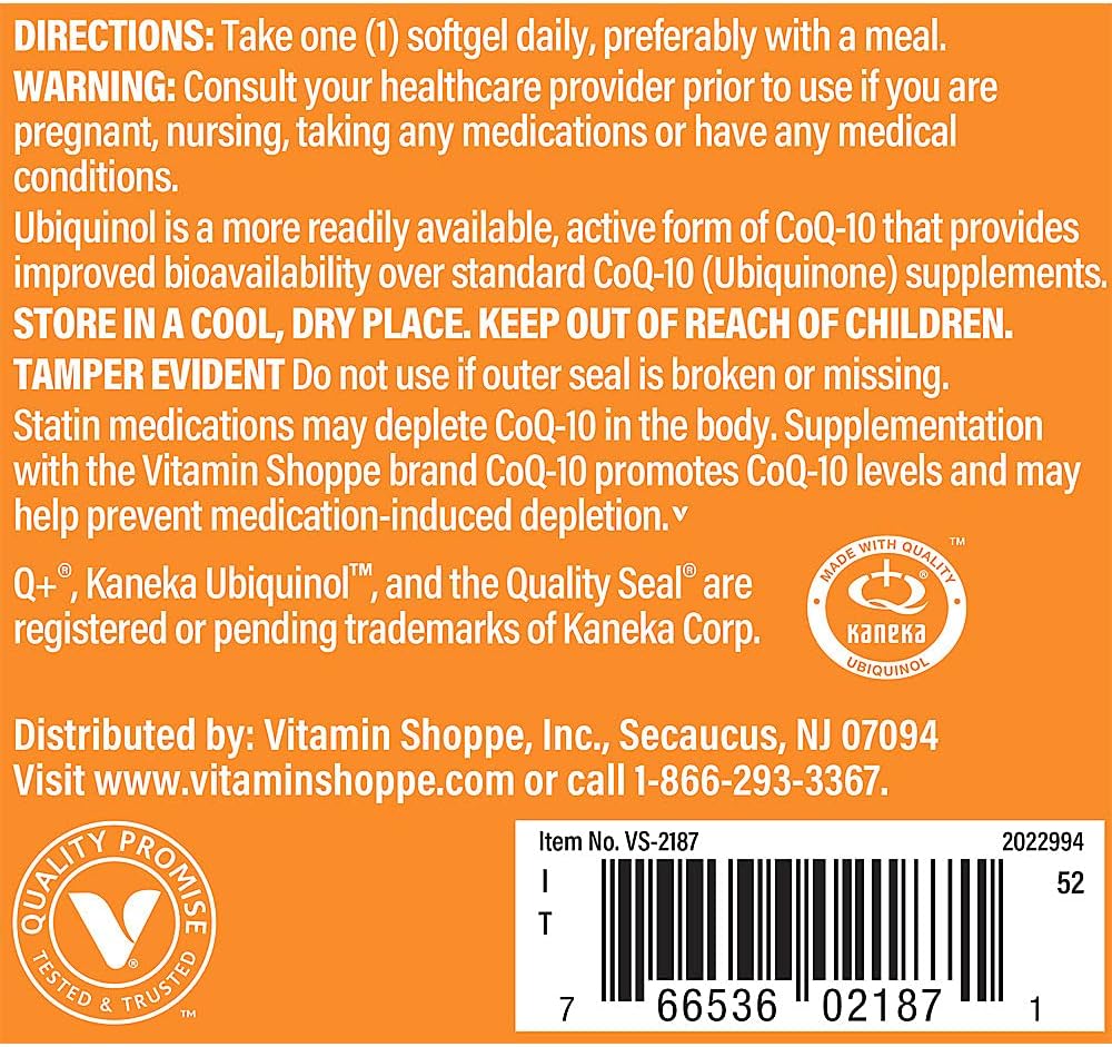 The Vitamin Shoppe Ubiquinol CoQ-10 100mg - Beneficial for Those Taking Statins – Supports Heart & Cellular Health and Healthy Energy Production, Essential Antioxidant – Once Daily (120 Softgels)