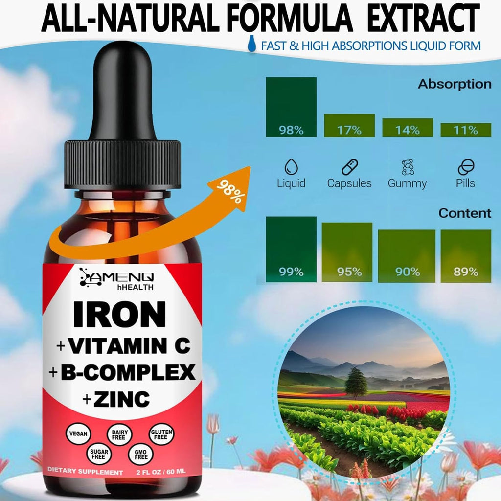 Liquid Iron Supplement w/Vitamin C, A, B-Complex, Vegan Iron Drops High Potency Liquid Vitamin & Iron Supplements for Women, Men & Children -Support Red Blood Cell, Energy, Anemia & Fatigue