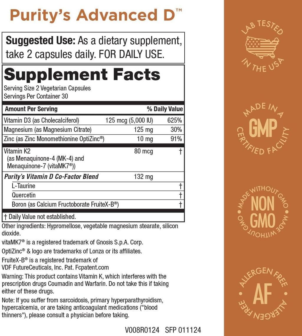 Purity Products Dr. Cannell's Advanced D from Vitamin D3 Super Formula - Packed with Vitamin D, Vitamin K2, Zinc, Magnesium Citrate, Boron and Taurine - 60 Vegetarian Capsules