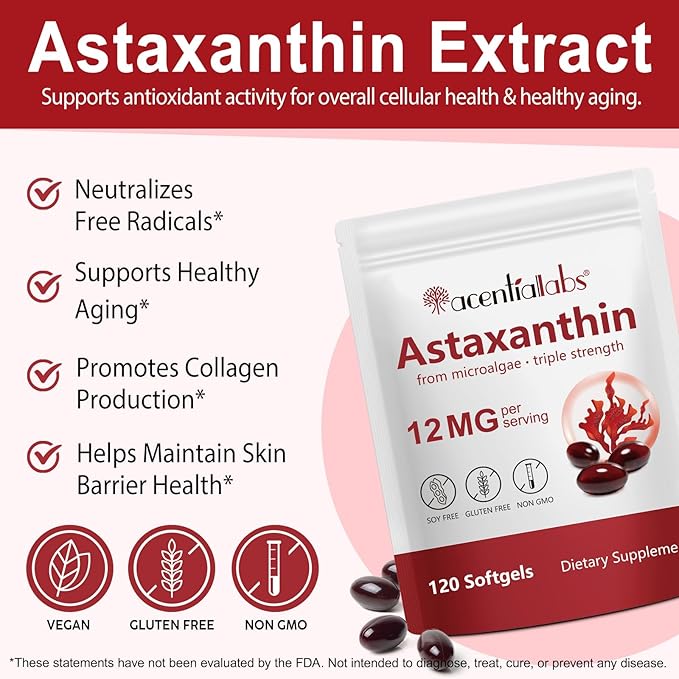 Astaxanthin Supplements 12mg - 120 Softgels | Premium Natural Antioxidant from Microalgae | Eye, Skin, Brain, Joint, Heart & Immune Health Support | Non-GMO, Gluten-Free