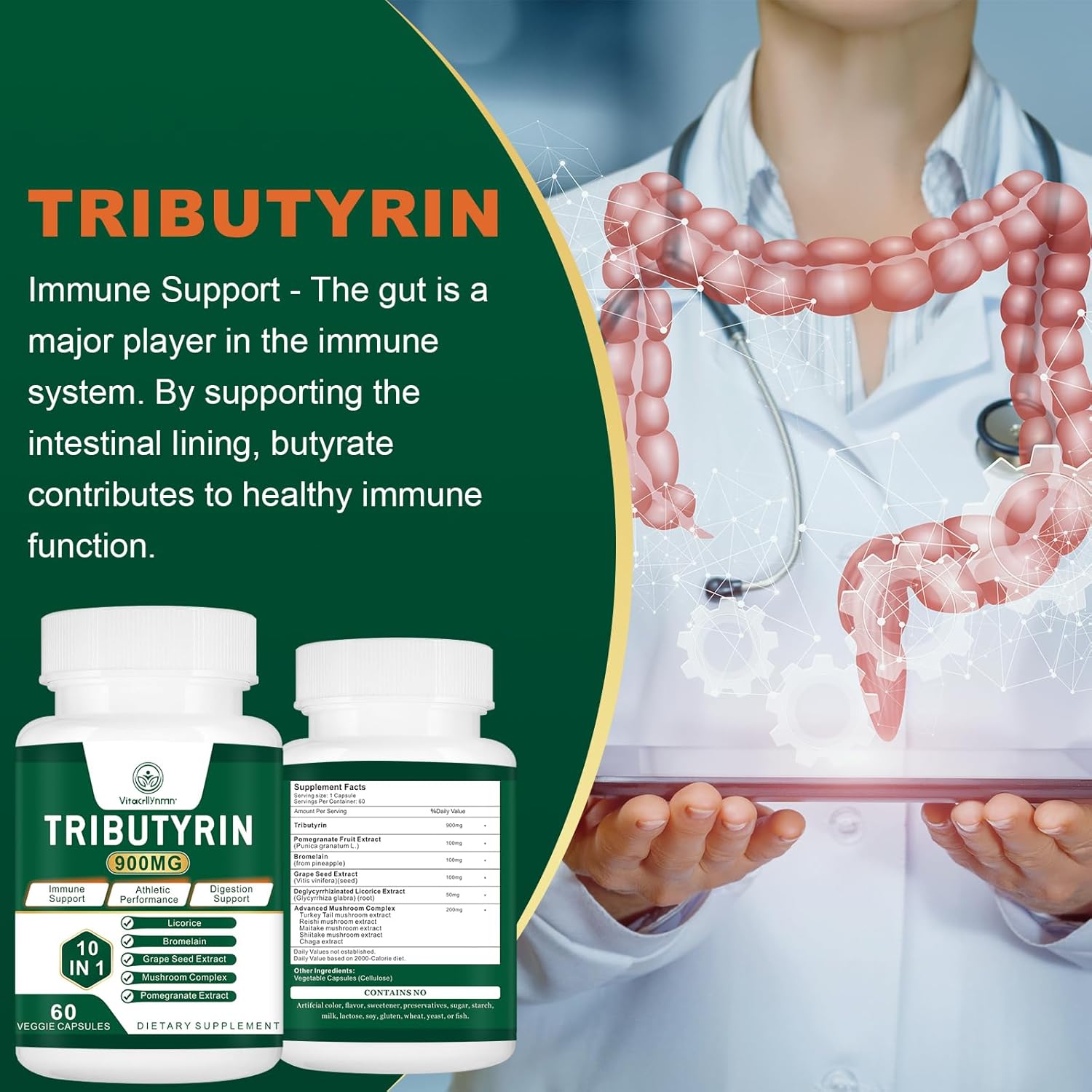 Tributyrin Supplement - Butyrate Precursor for Gut Barrier Support, Leaky Gut Support, Digestion 60 Count