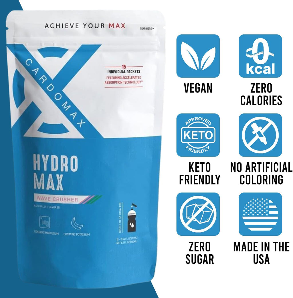 CardoMax Hydromax Electrolyte Drink Mix –Wavecrusher Flavor 15 Liquid Packets with Potassium & Magnesium – Zero Sugar, Keto & Vegan Electrolytes for Rapid Hydration & Recovery Supplement