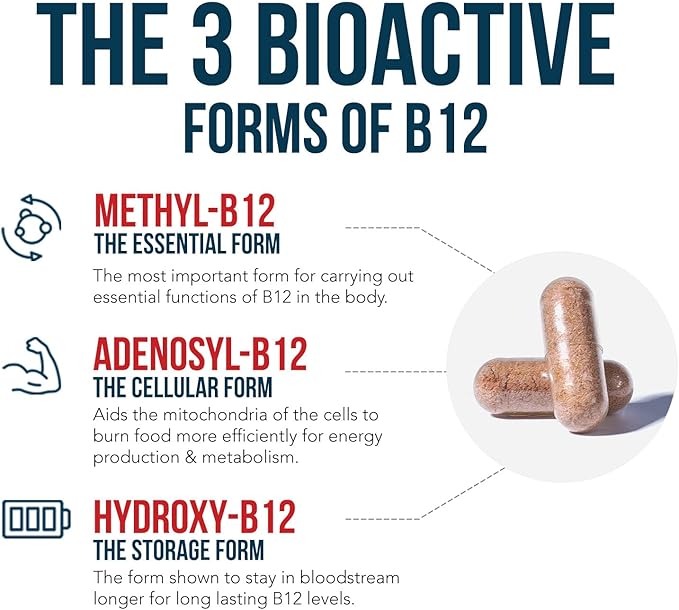 BioActive Vitamin B12 - 5000 mcg, Contains 3 BioActive Forms B12 Plus Methylfolate Cofactor - Methyl, Adenosyl & Hydroxy B12 | Supports Energy, Metabolism & Mood | Vegan, Non-GMO - 3-pack
