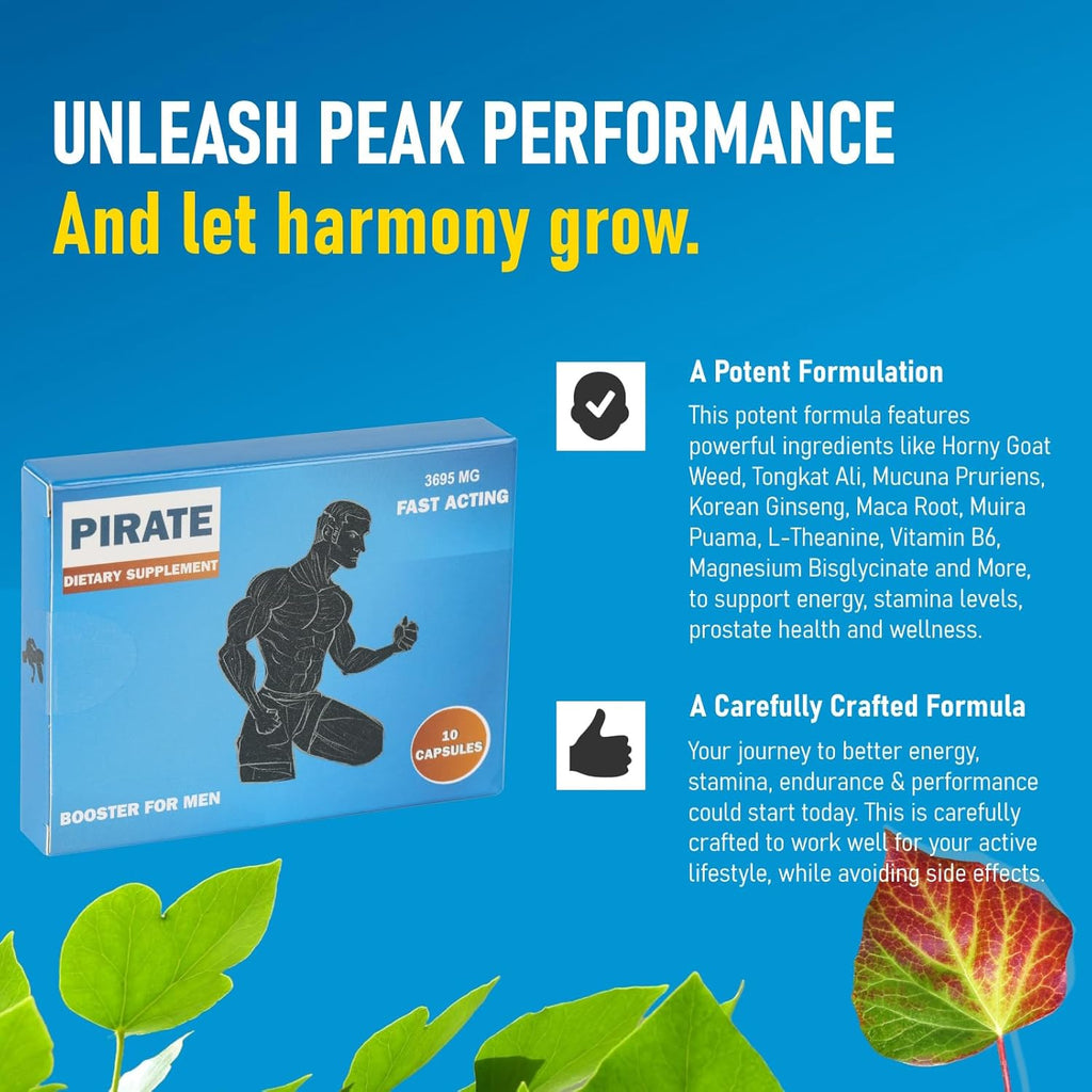 Pirate Male Supplement for Men – Fast-Acting Herbal Stamina & Energy Booster – Horny Goat Weed, Maca Root, Tongkat Ali, Muira Puama & Vitamin B6 – for Men’s Endurance, Vitality & Performance