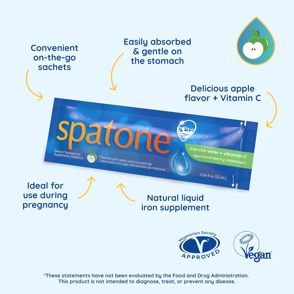 Spatone Natural Liquid Iron Supplement Plus VIT C for Women - Men & Kids Ages 4+ - Ideal During Pregnancy - Easily Absorbed & Gentle - Vegan - Apple Flavor - 28-Day - 5mg of Iron Per 20mL Sachet
