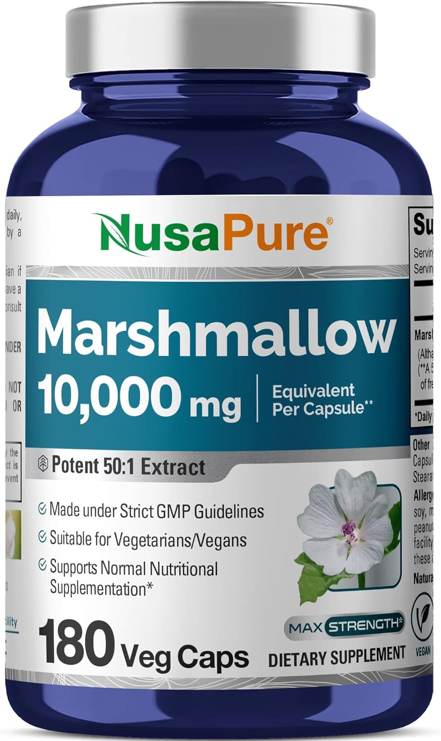 NusaPure Marshmallow Root 50:1 Extract, 200 mg Equivalent to 10,000mg Per Veggie Caps 180 Count (Non-GMO, Vegan) Bioperine