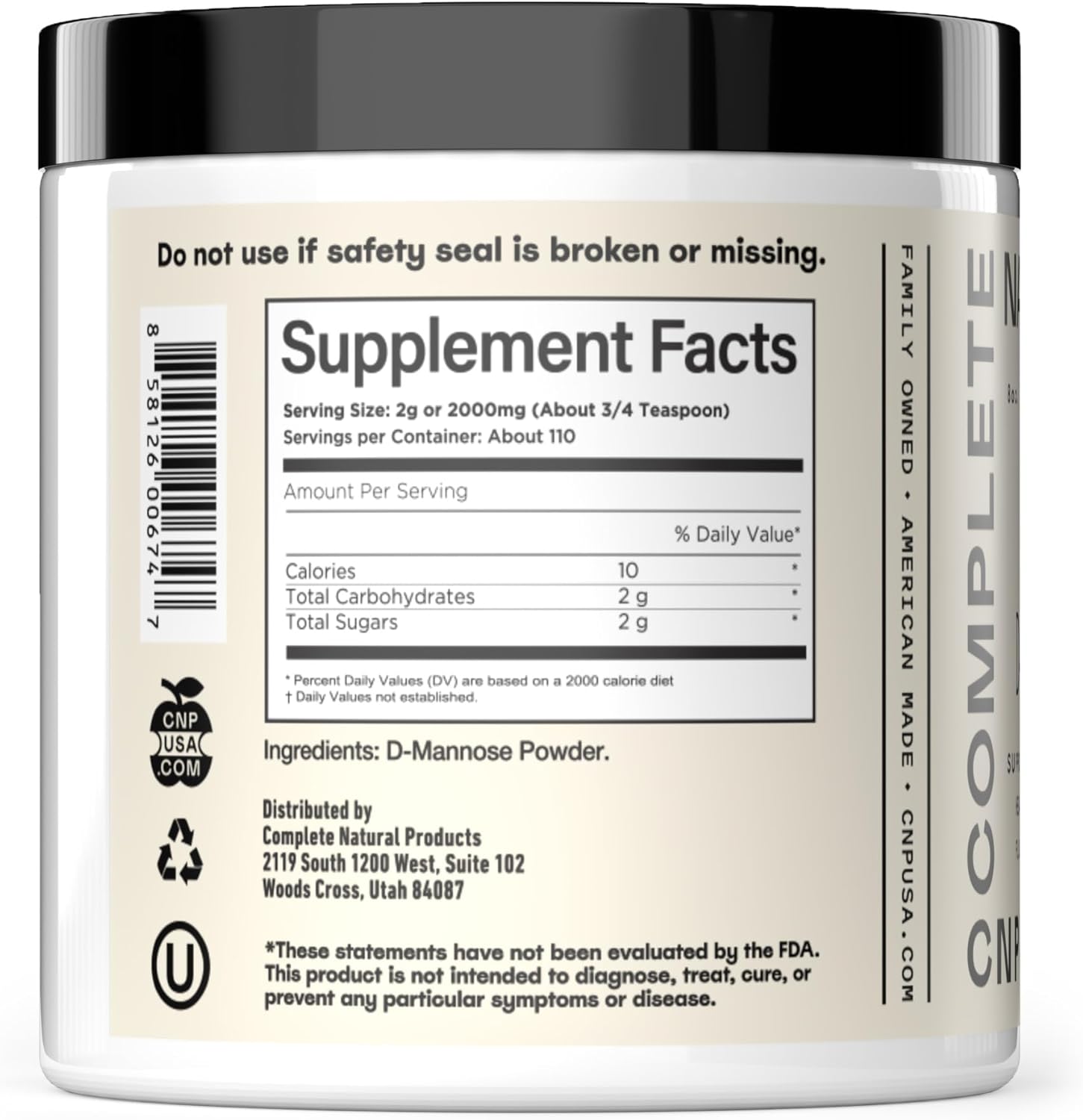 Complete Natural Products Pure D-Mannose Powder Supplement - Bulk D-Mannose 8oz (227 g) 115 Servings for UTI, Bladder, & Urinary Tract Health