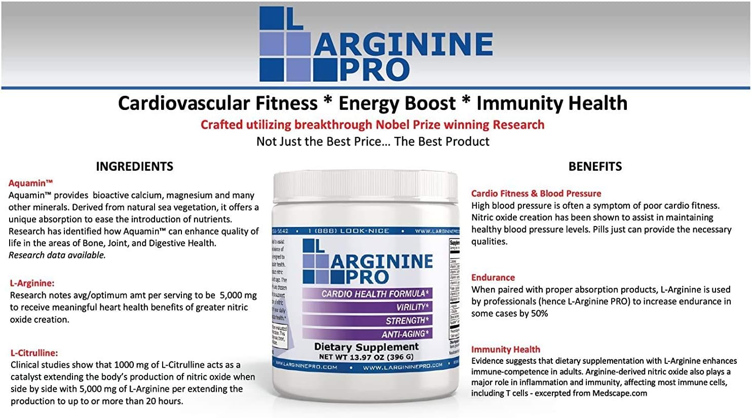 L-ARGININE PRO | 5,500mg L-Arginine Plus L-Citrulline 1,100mg Grape Powder Drink Mix Supplement for Increased Nitric Oxide Production