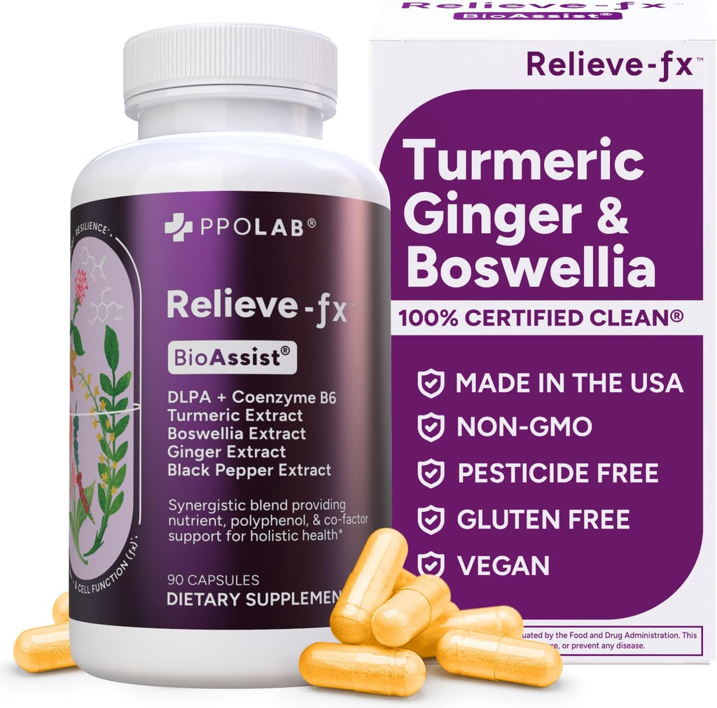 Relieve-fx™ DLPA Boswellia Turmeric and Ginger Supplement for Mood, Detox, Digestion, Inflammation & Joint Support, Gingerols, Boswellic Acid, Curcumin with Black Pepper, Clean Certified® 90 Count