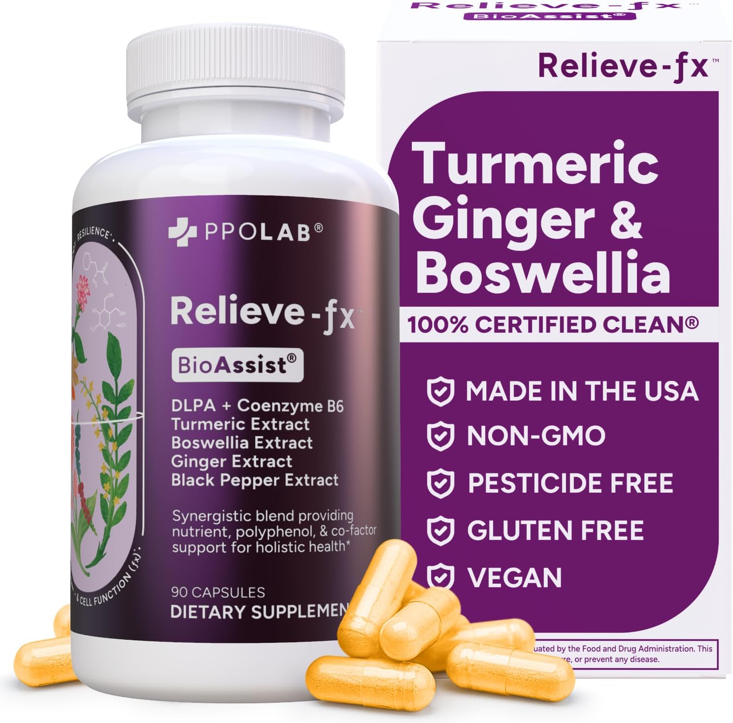 Relieve-fx™ DLPA Boswellia Turmeric and Ginger Supplement for Mood, Detox, Digestion, Inflammation & Joint Support, Gingerols, Boswellic Acid, Curcumin with Black Pepper, Clean Certified® 90 Count