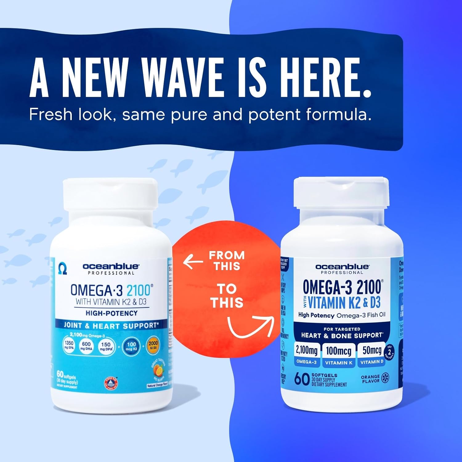 Oceanblue Professional Omega-3 2100 with Vitamin K2 and Vitamin D3-120 Count 2 Pack- Triple Strength Burpless Fish Oil Supplement with EPA, DHA & DPA - Wild Caught - Orange Flavor, 60 Servings