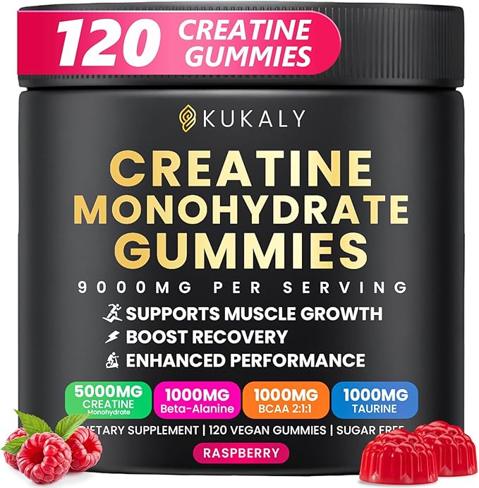 Creatine Monohydrate Gummies for Men & Women, 9000MG Creatine Gummies Sugar Free with L-Taurine, BCAA 2:1, B12 B6 for Boost Strength, Focus & Endurance, Vegan, Non-GMO, Raspberry 120pcs
