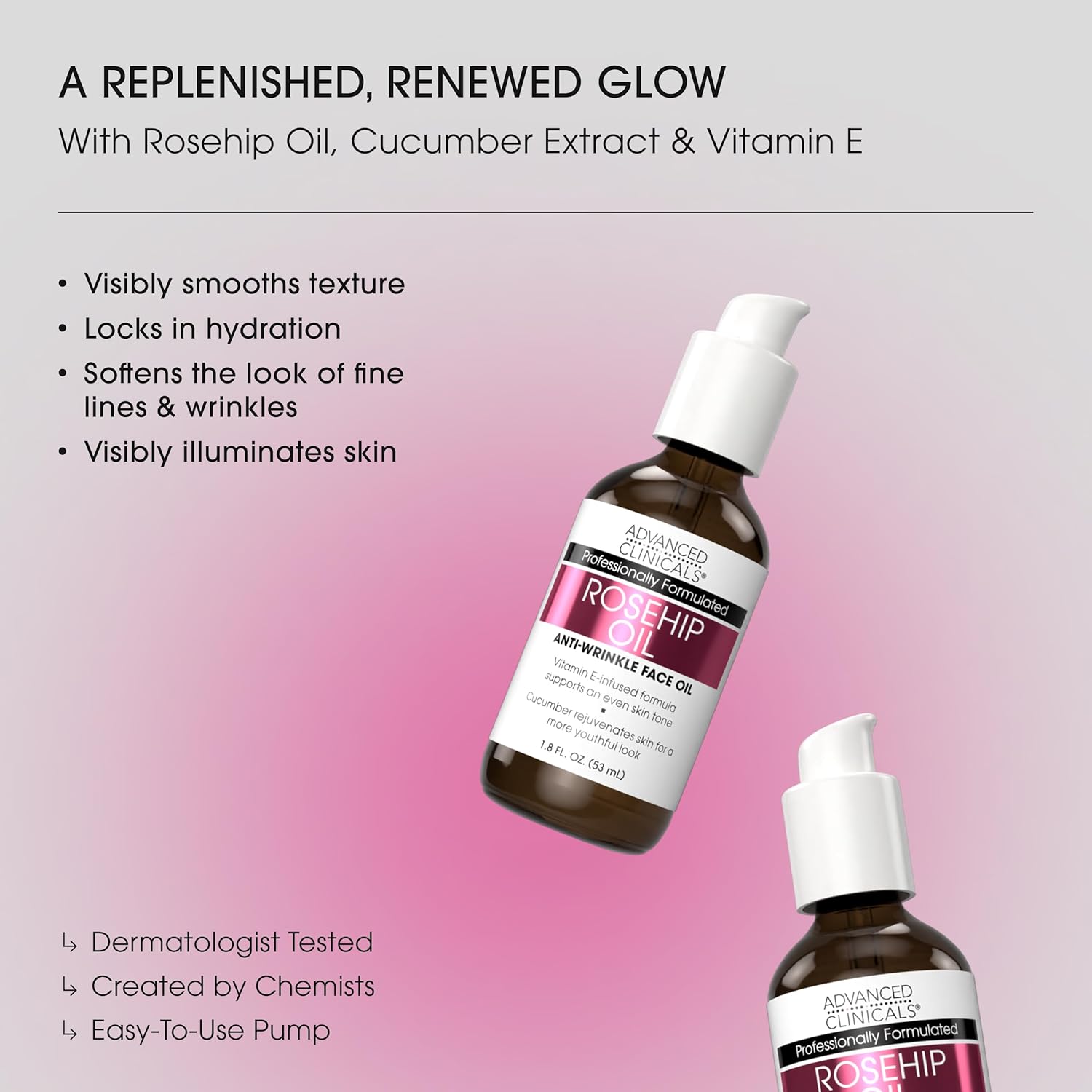 Advanced Clinicals Rosehip Oil For Face With Vitamin E + Botanicals Helps Improve Look Of Dark Spots, Wrinkles, Fine Lines, & Uneven Looking Skin Tone | Moisturizing Skin Care Face Serum, 1.8 Fl Oz