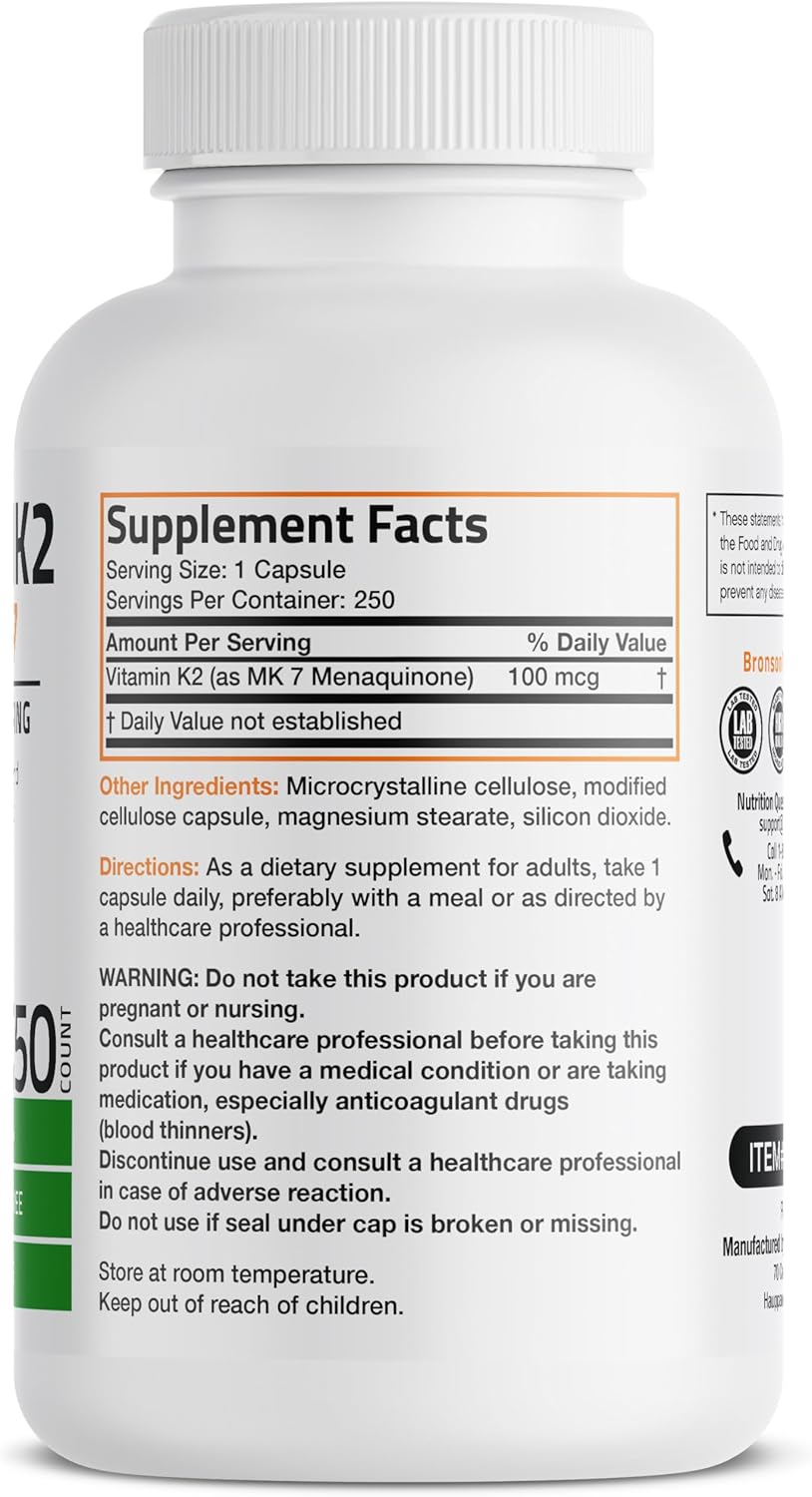 Bronson Vitamin K2 as MK-7 Menaquinone 100 mcg Non-GMO, 250 Capsules