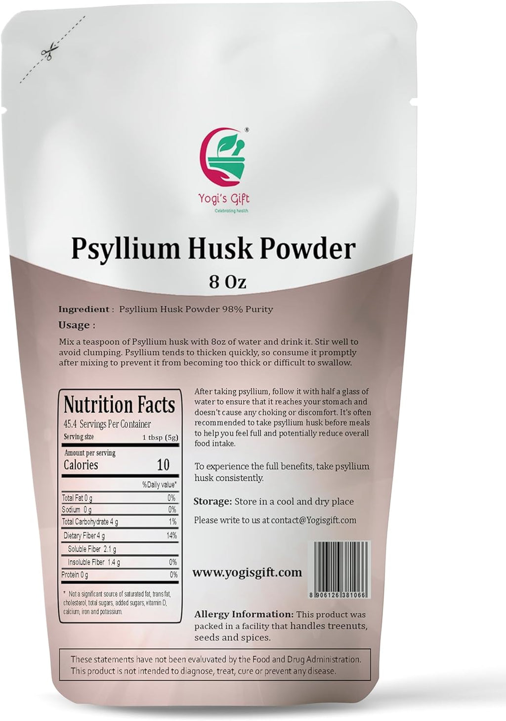 Psyllium Husk Powder 8 oz | 98% Purity | Daily Fiber for Baking, Smoothies, Cooking, and Beverages | Unflavored, Fine Ground, Non-GMO | Keto Friendly Soluble Fiber Supplement by Yogi's Gift®