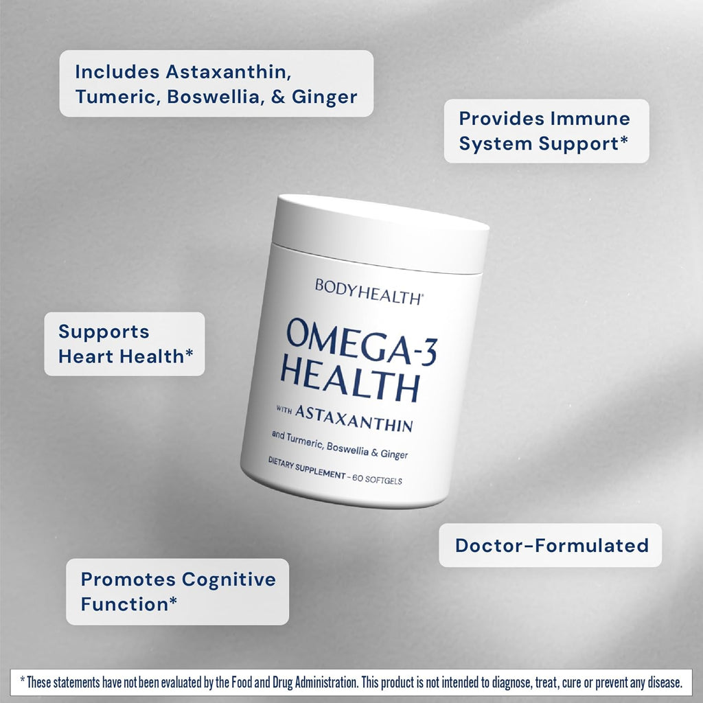 BodyHealth Omega 3 Health, Fish Oil Supplement for Women and Men, Heart and Brain Health, Fish Oil Pills, Fatty Acid Supplements, Omega 3 Vitamins - 60 Soft Gels